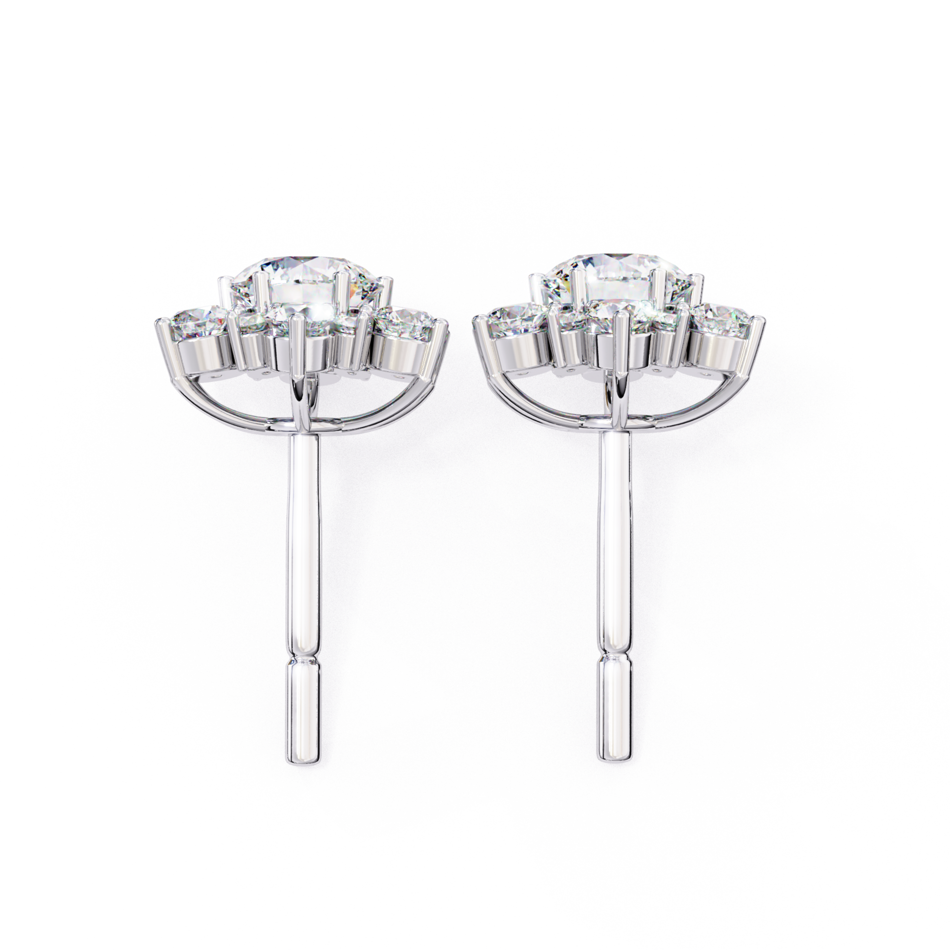 Rear view of white gold round diamond stud earrings showing post setting
