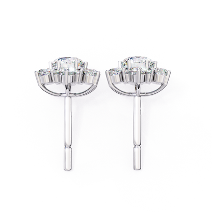 Rear view of white gold round diamond stud earrings showing post setting