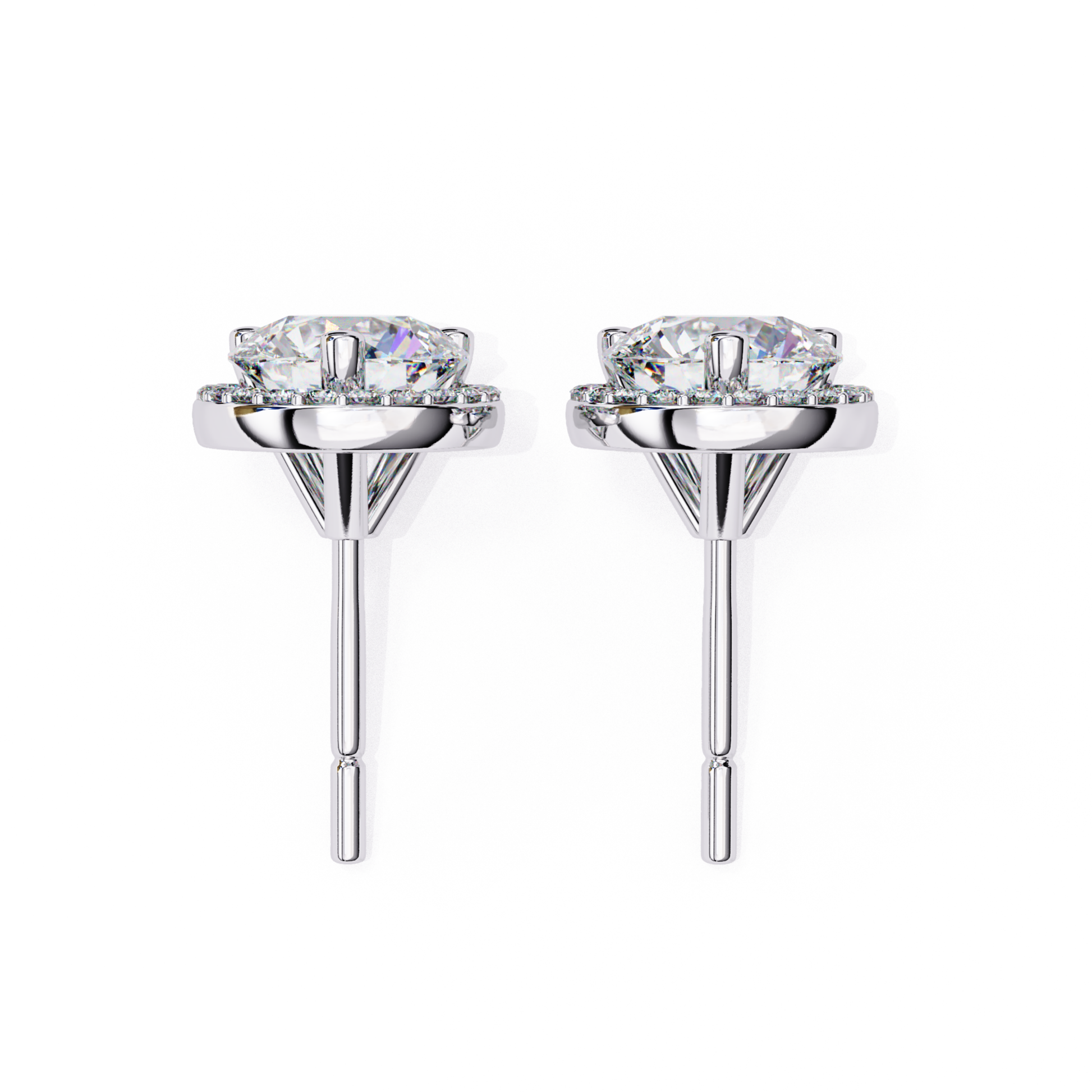 Side profile of white gold round diamond stud earrings with halo setting