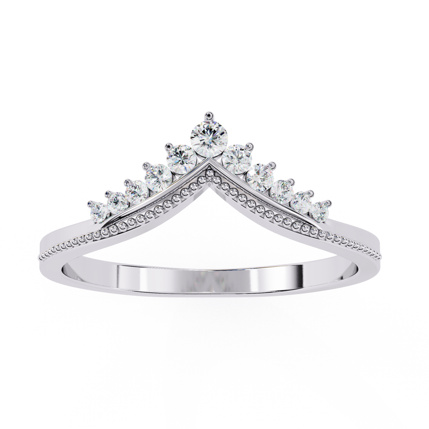 White gold V band with round diamonds
Crown style diamond band in white gold
V shape white gold diamond band
Round diamond set V band ring
White gold band with raised diamonds
Front view white gold V band
White gold ring with diamond row
Top view V shape diamond band
White gold band with center diamond
White gold V design diamond ring