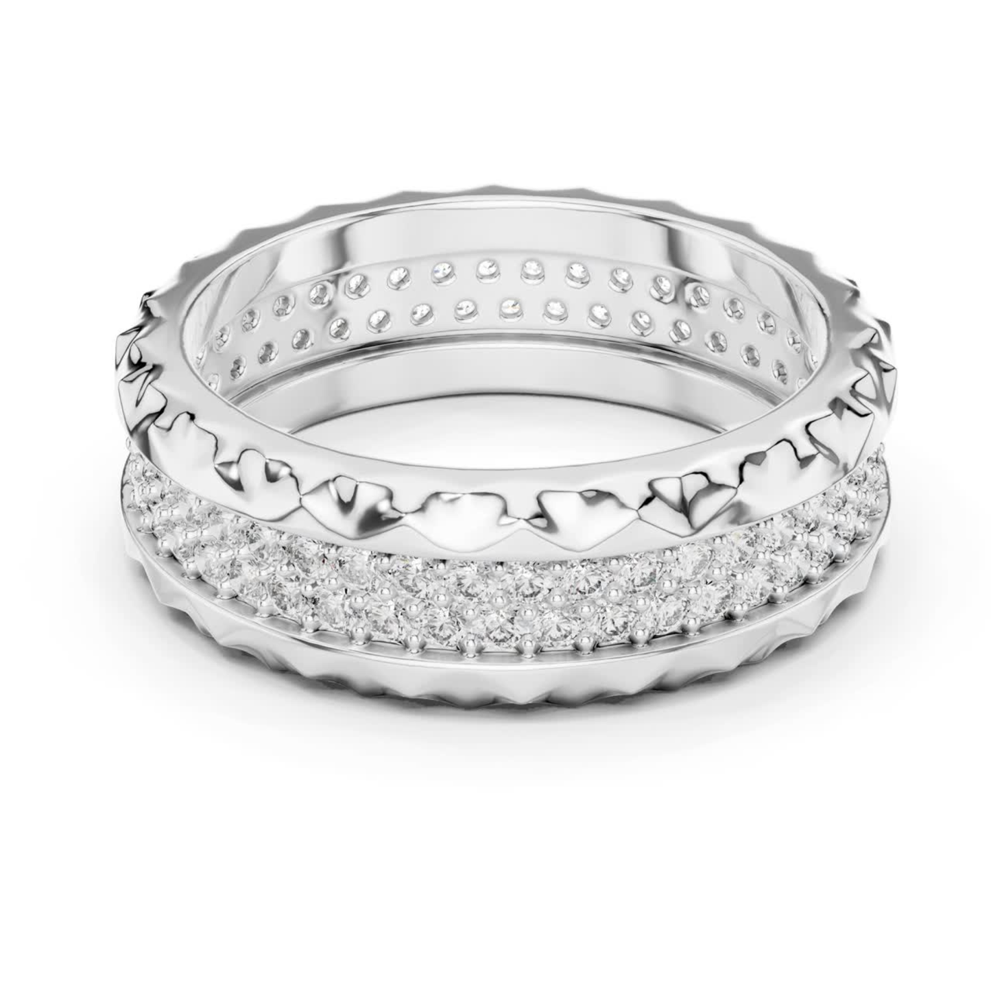 White gold diamond eternity ring with double pave rows
Round diamond eternity band in polished white gold
White gold wedding band with layered diamond setting
Modern white gold ring with round diamond
Double row diamond band with textured white gold edge
Luxury white gold eternity ring with pave diamond
Wide white gold diamond band with carved pattern detail
Elegant white gold ring with continuous diamond row
White gold anniversary band with round cut diamond
White gold diamond ring with bold texture band