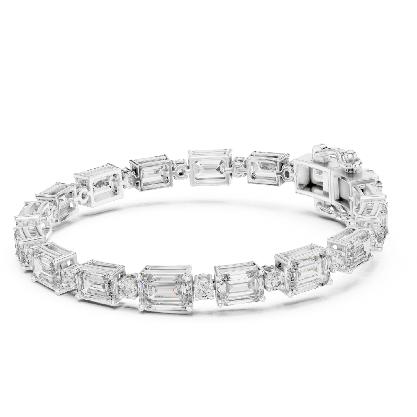 Close up white gold emerald and round diamond bracelet
White gold bracelet with emerald cut diamond links
Detailed view mixed shape diamond tennis bracelet
Emerald and round diamond bracelet close perspective
White gold bracelet with step cut diamond pattern
Close angle emerald diamond bracelet with round accents
White gold geometric diamond bracelet detail view
Mixed cut diamond bracelet with secure clasp
Emerald and round diamond line bracelet close up
White gold bracelet emerald and round diamonds