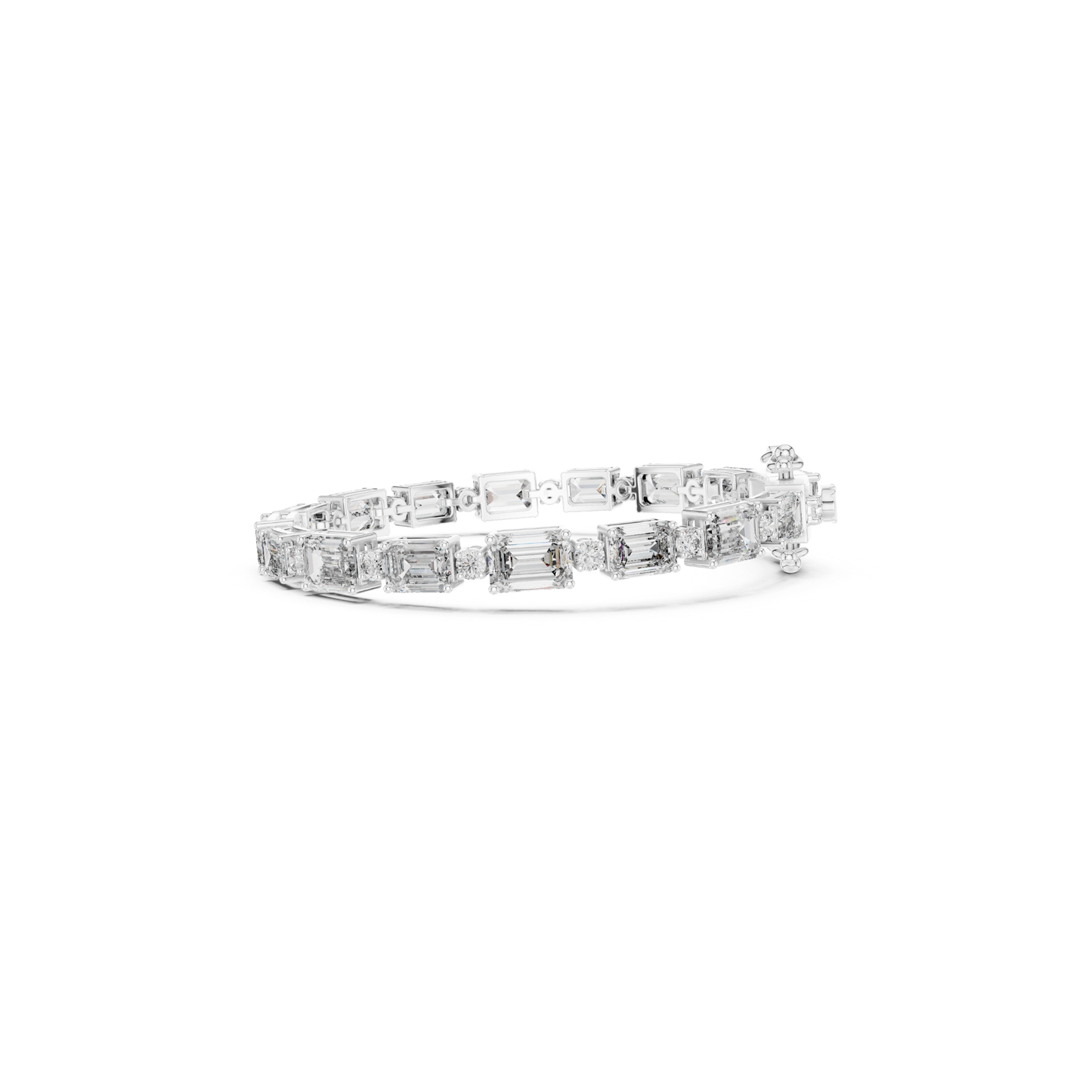 Front view white gold emerald and round diamond bracelet
White gold bracelet with emerald cut center stones
Mixed shape diamond tennis bracelet front angle
Emerald and round diamond bracelet with box clasp
White gold bracelet featuring rectangular diamonds
Front profile emerald and round diamond line bracelet
White gold diamond bracelet with accent round stones
Mixed cut diamond bracelet in front perspective
Emerald cut and round diamond bracelet design
White gold tennis bracelet with geometric diamond