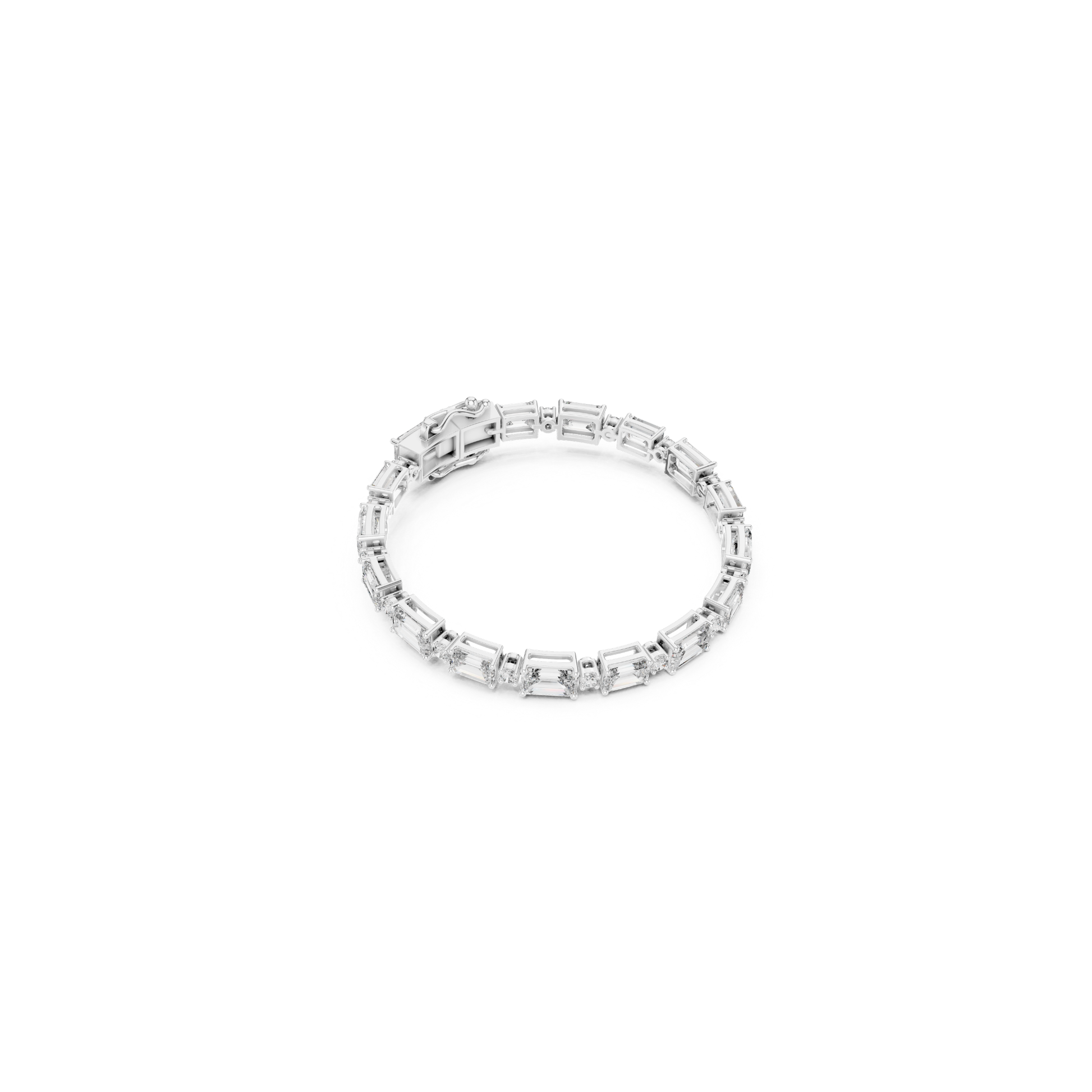 Top view white gold emerald and round diamond bracelet
White gold tennis bracelet with emerald cut stones
Mixed shape diamond bracelet overhead view
Emerald and round diamond bracelet top angle
White gold bracelet with step cut diamond pattern
Circular emerald and round diamond bracelet
White gold geometric diamond tennis bracelet
Top profile mixed cut diamond bracelet
Emerald cut bracelet with round diamond accents
White gold bracelet with emerald and round diamonds
