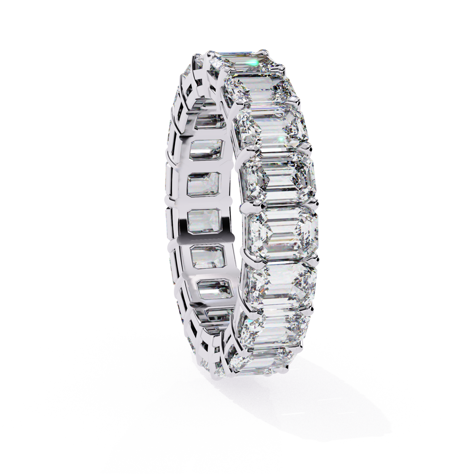 White gold emerald cut diamond eternity band
Emerald diamonds set in white gold band
White gold band with continuous diamonds
Close up of white gold diamond eternity band
Side view of white gold eternity band
Polished white gold band with diamonds
Top view of white gold eternity band
White gold band with alternating diamonds
Emerald diamonds in a white gold setting
Classic white gold eternity band with diamonds