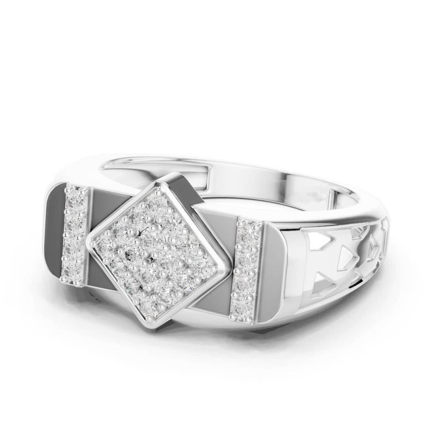White gold geometric diamond ring side view
Side view of diamond cluster ring in white gold
White gold statement ring with geometric band detail
Polished white gold ring with diamond side profile
Round cut diamond ring with geometric white gold band
White gold fashion ring with angled cluster top
Elegant side view of white gold diamond ring
Modern white gold geometric ring with tapered band
Luxury white gold ring with polished side finish
White gold multi diamond ring with open side detail