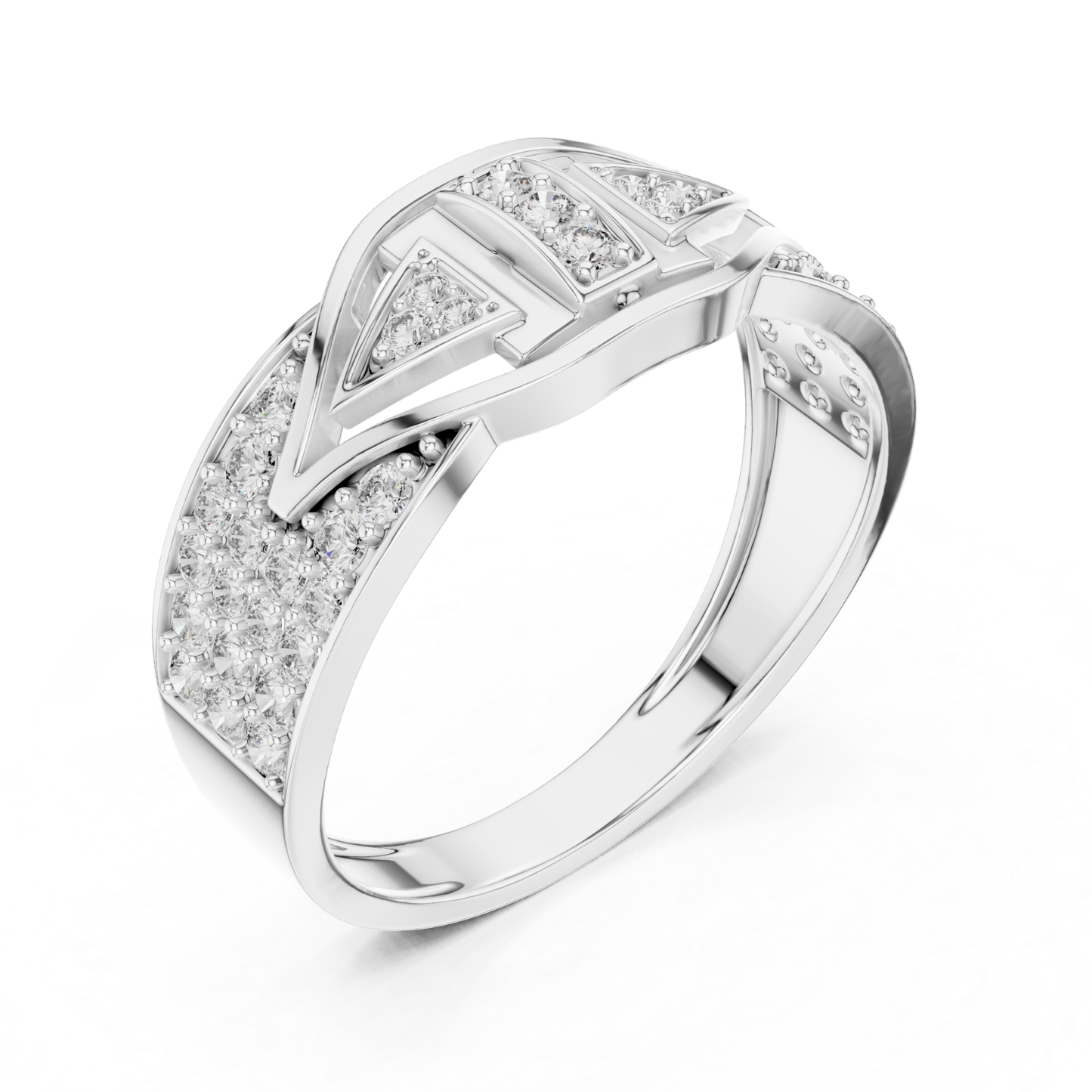 Angled view white gold geometric diamond ring
White gold round diamond ring perspective view
White gold statement ring with round diamonds
Geometric white gold diamond ring angled profile
Modern white gold round diamond fashion ring
White gold designer ring with diamond accents
Luxury white gold geometric diamond band ring
Round diamond white gold ring diagonal view
White gold architectural style diamond ring
Wide band white gold diamond ring perspective