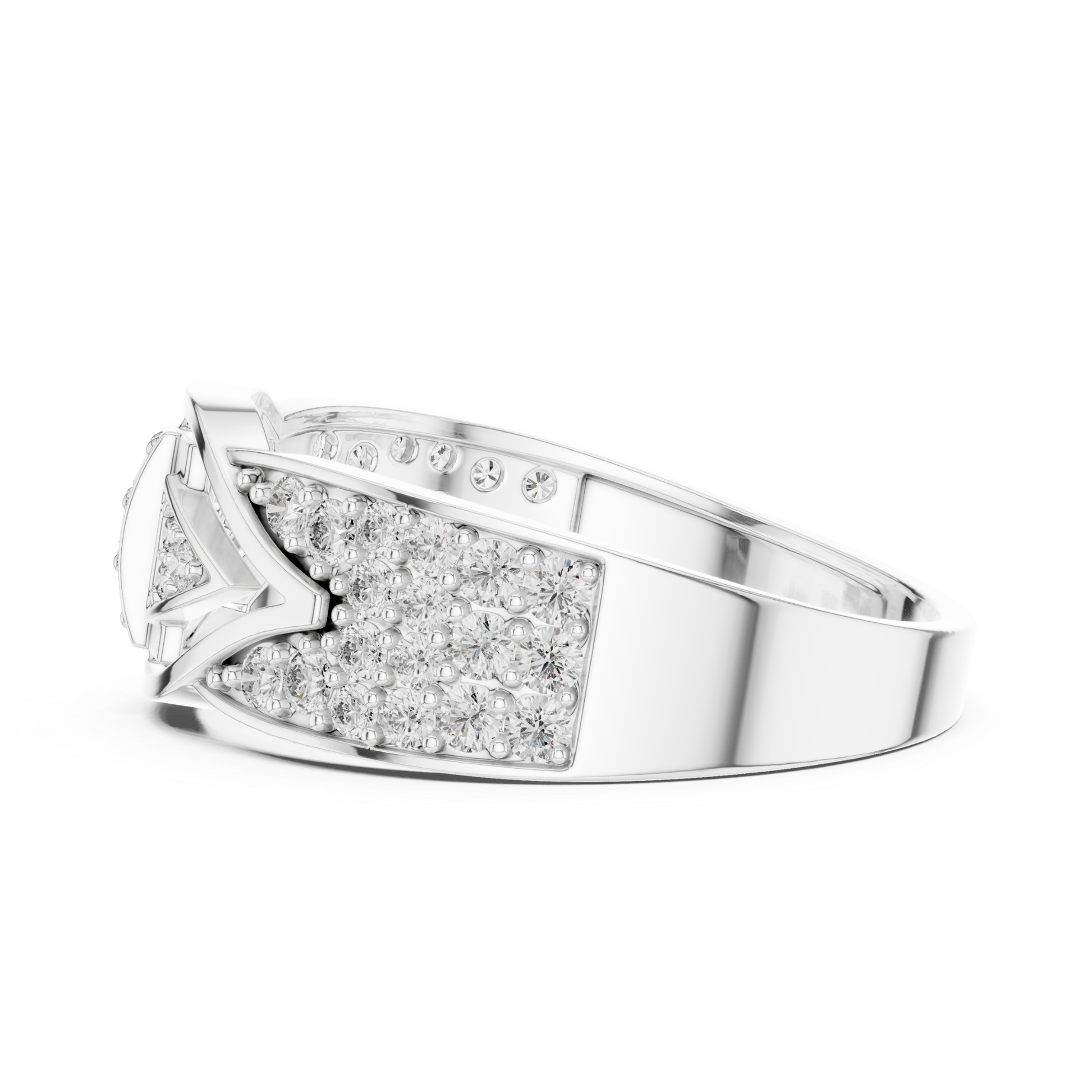 White gold geometric diamond ring side profile
Side angle white gold round diamond ring
White gold statement diamond ring side view
Wide band white gold diamond ring profile
Modern white gold geometric diamond ring
Round diamond white gold ring angled profile
White gold luxury diamond ring side angle
Geometric cluster diamond ring in white gold
White gold designer ring with round diamonds
Architectural white gold diamond ring side view