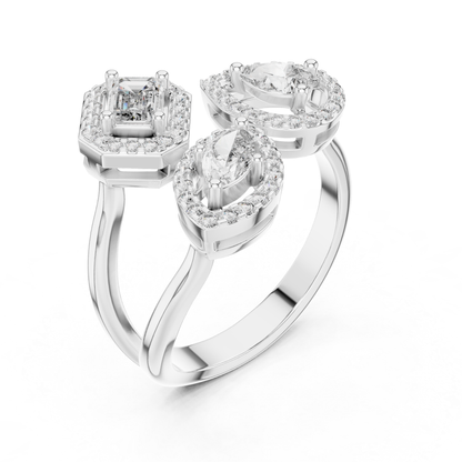 White gold multi shape diamond halo ring
White gold emerald and marquise diamond ring
Multi stone halo diamond ring in white gold
White gold diamond cluster ring angled view
Mixed shape diamond halo ring white gold
White gold three stone diamond halo ring
Open design diamond halo ring white gold
White gold statement diamond ring
Halo diamond ring with mixed cuts
White gold diamond ring perspective view