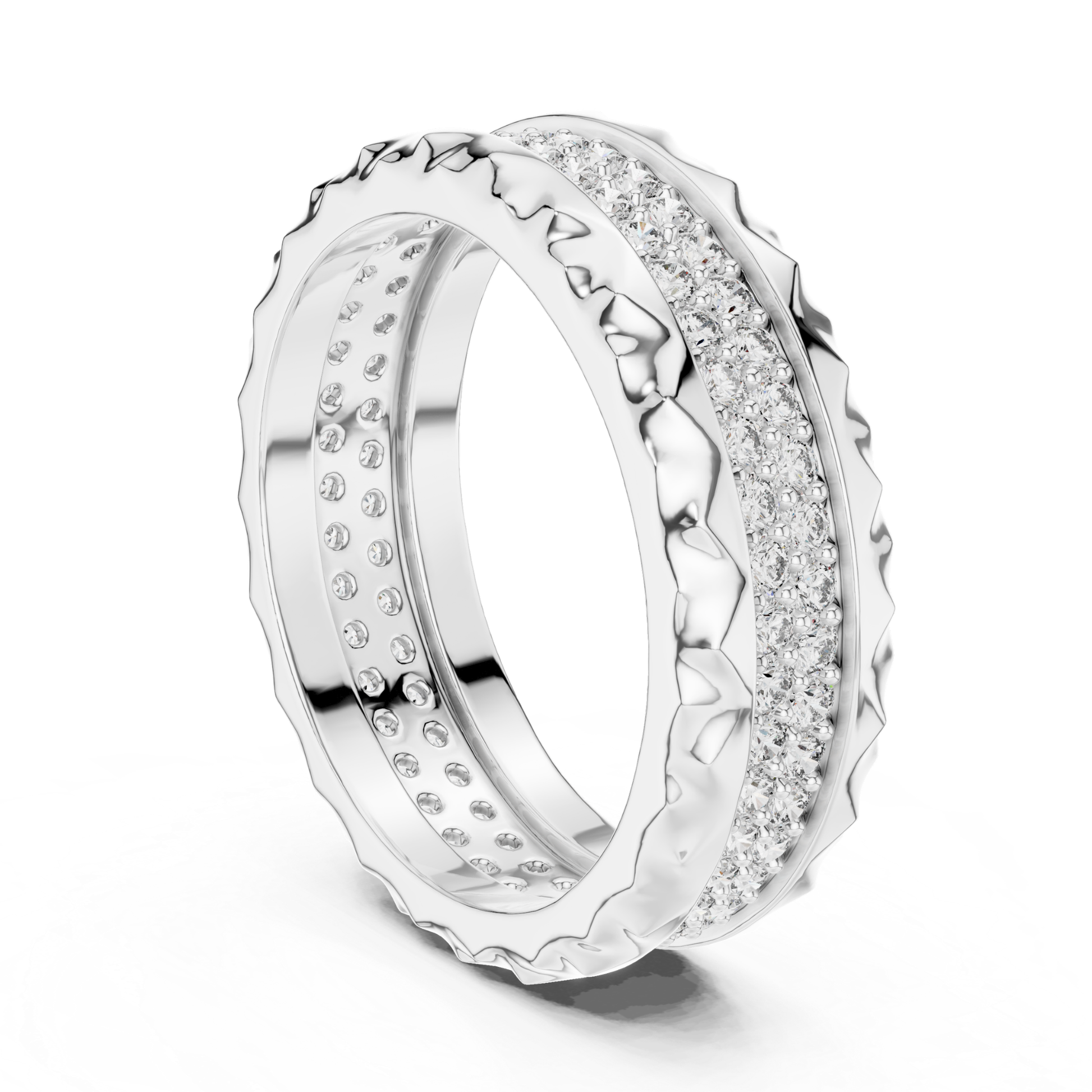 White gold eternity ring with textured band
Round diamond band in polished white gold
White gold pave ring with carved texture
Modern white gold ring with round diamonds
Luxury white gold band with sparkling diamonds
Textured white gold ring with continuous diamonds
Elegant white gold diamond band design
Wide white gold ring with pave set diamonds
White gold anniversary band with textured edges
Statement white gold ring with bold texture