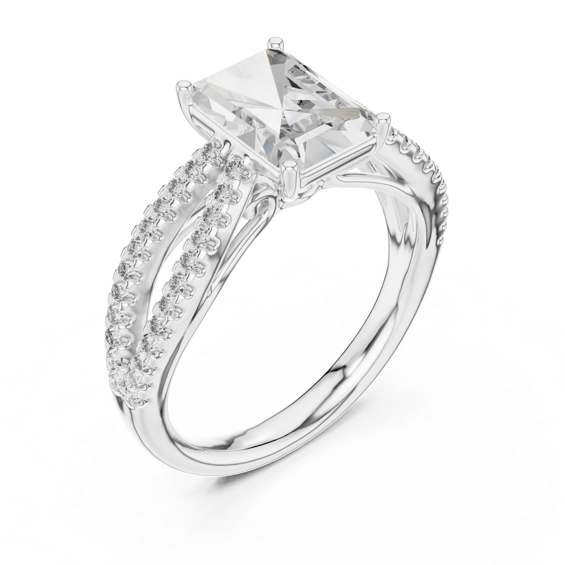 Angled side view radiant cut diamond ring in white gold
White gold radiant diamond ring with split pave shank
Radiant cut diamond ring angled side profile
White gold radiant center stone ring with pave band
Side angle radiant diamond bridal ring in white gold
White gold radiant diamond ring with double split shank
Elegant radiant cut ring with pave diamond detailing
Angled profile radiant diamond ring with polished white gold band
Luxury white gold radiant cut diamond ring
White gold radiant diamond ring