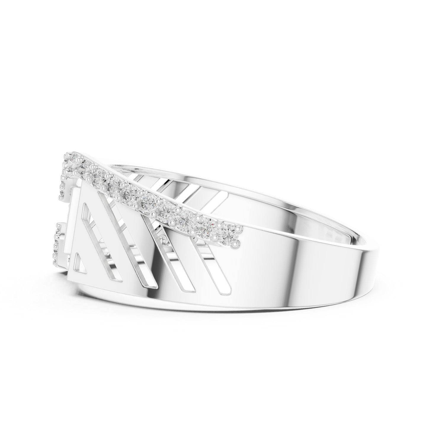 Angled view white gold Roman style diamond ring
White gold geometric diamond ring perspective view
Roman numeral white gold diamond band profile
White gold statement ring with round diamonds
Wide band white gold diamond ring angled side
Modern white gold architectural diamond ring
White gold luxury diamond ring side profile
Contemporary white gold round diamond ring
White gold designer band with diamond accents
Geometric white gold fashion ring angled view