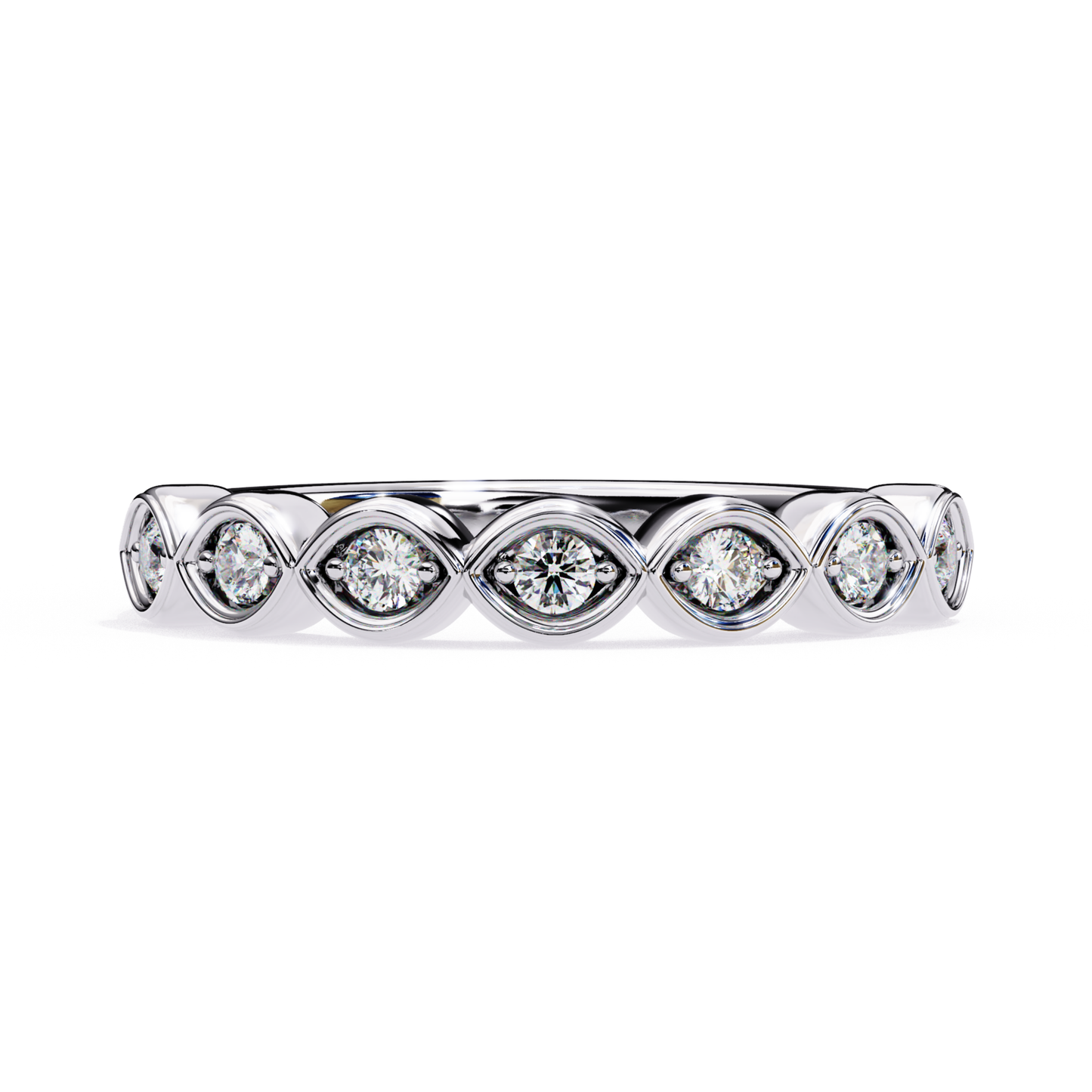 White gold band with round bezel diamonds
Round diamonds set in white gold band
Front view white gold bezel diamond ring
White gold ring with round diamond row
Bezel set round diamonds white gold ring
Straight view round diamond white gold band
White gold band featuring round diamonds
Close view round bezel diamonds ring
White gold band with round diamond setting
White gold round diamond band ring