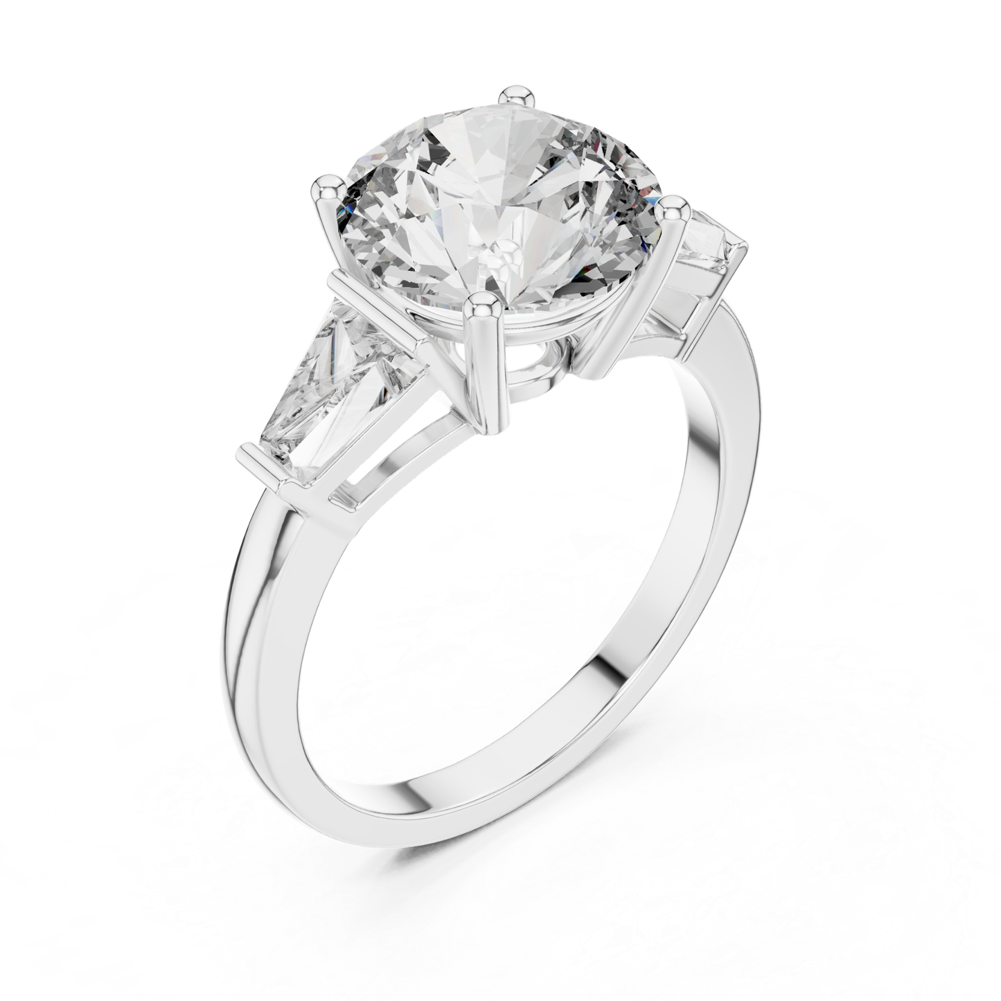 White gold round brilliant three stone ring perspective view
Round brilliant diamond ring with trapezoid side stones
White gold three stone engagement ring
Perspective view of round brilliant three stone ring
White gold round brilliant diamond ring
Lab grown round brilliant three stone ring
White gold ring with tapered side diamonds
Round brilliant ring with open gallery setting
White gold polished three stone diamond ring
Classic round brilliant engagement ring