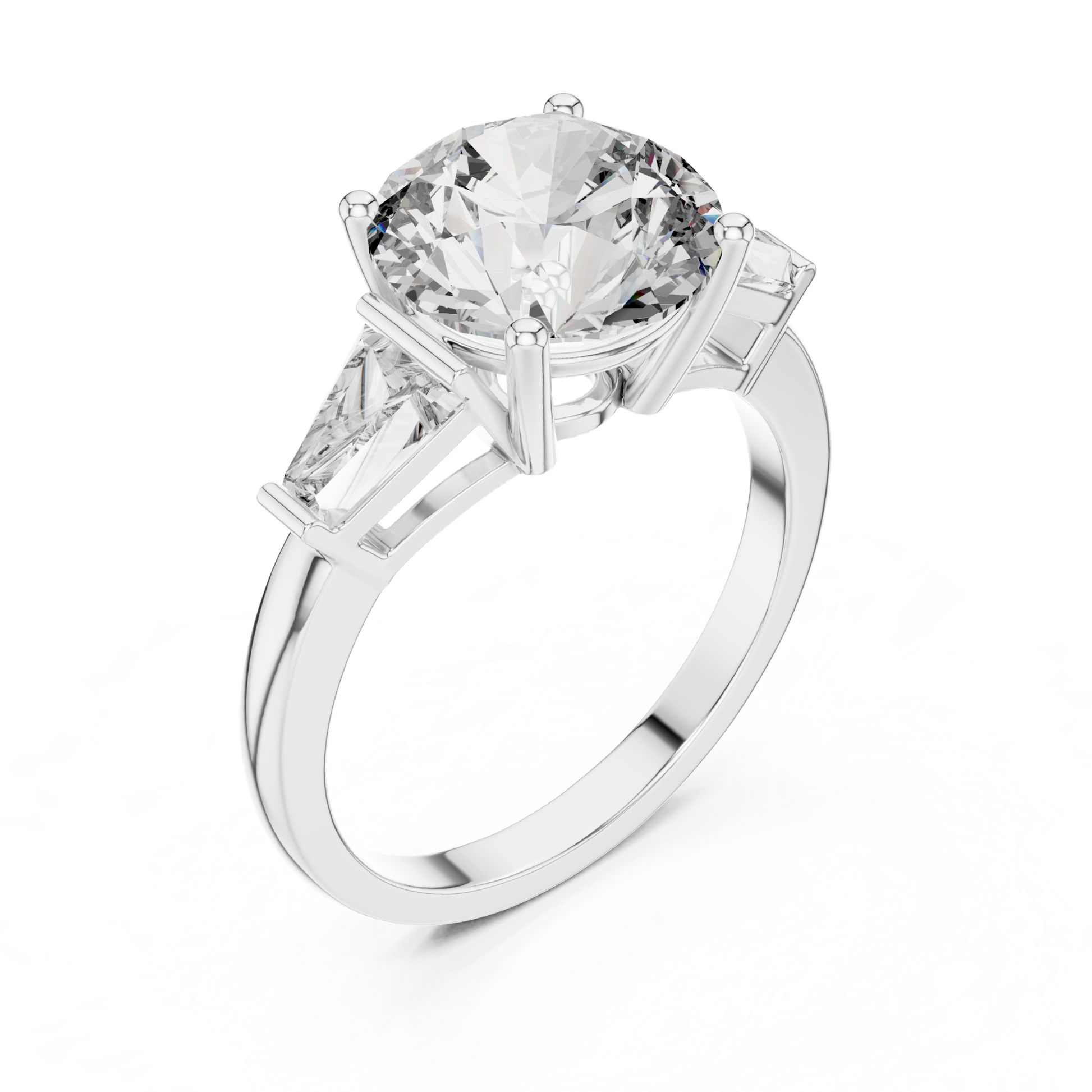 White gold round brilliant three stone ring perspective view
Round brilliant diamond ring with trapezoid side stones
White gold three stone engagement ring
Perspective view of round brilliant three stone ring
White gold round brilliant diamond ring
Lab grown round brilliant three stone ring
White gold ring with tapered side diamonds
Round brilliant ring with open gallery setting
White gold polished three stone diamond ring
Classic round brilliant engagement ring