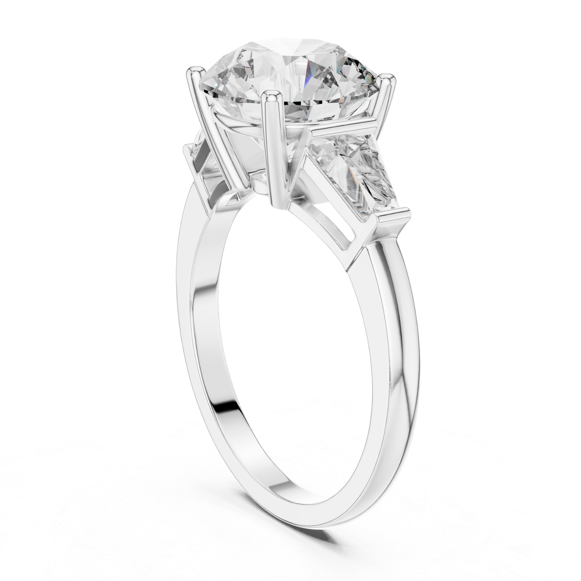 White gold round brilliant three stone ring rear angle view
Rear angle of round brilliant three stone ring
White gold round brilliant ring with trapezoid side stones
Round brilliant diamond ring with open gallery
White gold three stone engagement ring
Lab grown round brilliant three stone ring
White gold ring with tapered side diamonds
Rear profile of round brilliant diamond ring
White gold polished three stone ring
Classic round brilliant three stone ring