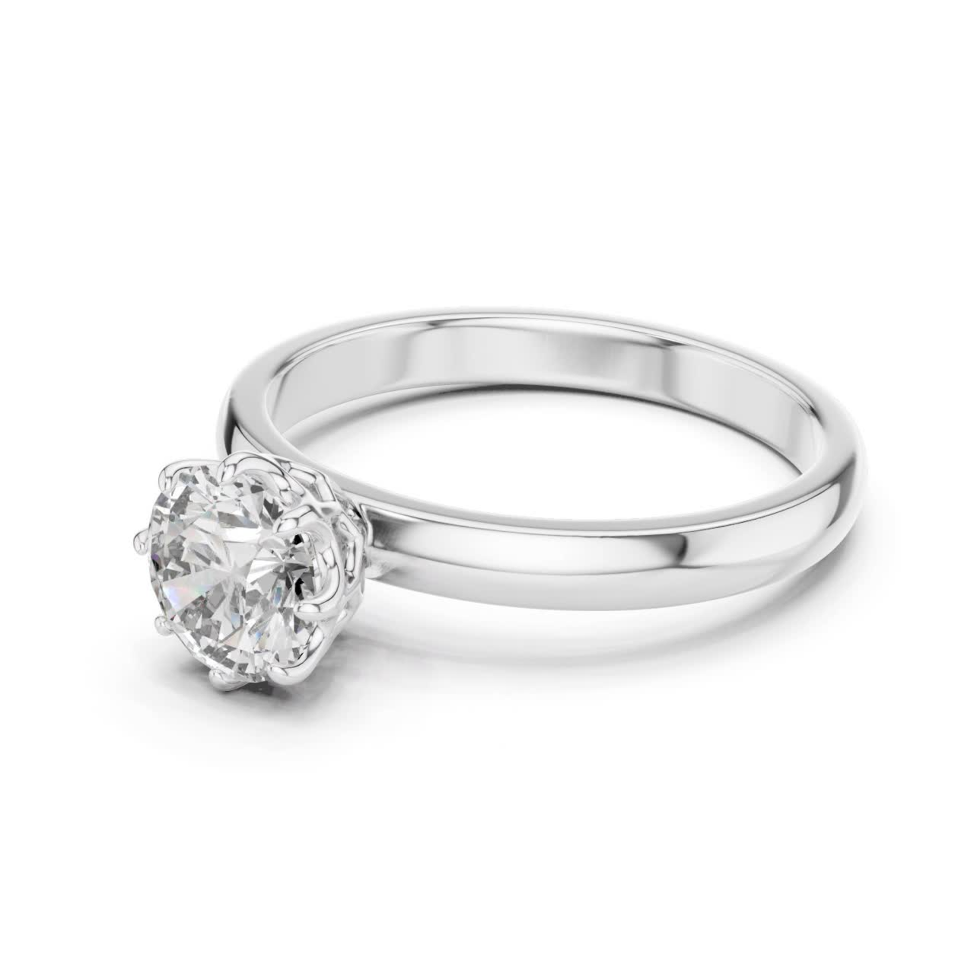 White gold round cut diamond ring angle view
White gold eight prong solitaire ring angle
Angled white gold round diamond engagement ring
White gold polished diamond ring perspective
Round brilliant diamond ring with eight prongs
White gold elegant solitaire ring angle detail
White gold secure eight prong diamond setting
White gold classic round diamond ring profile
White gold minimal diamond ring side angle
White gold round diamond ring with slim band