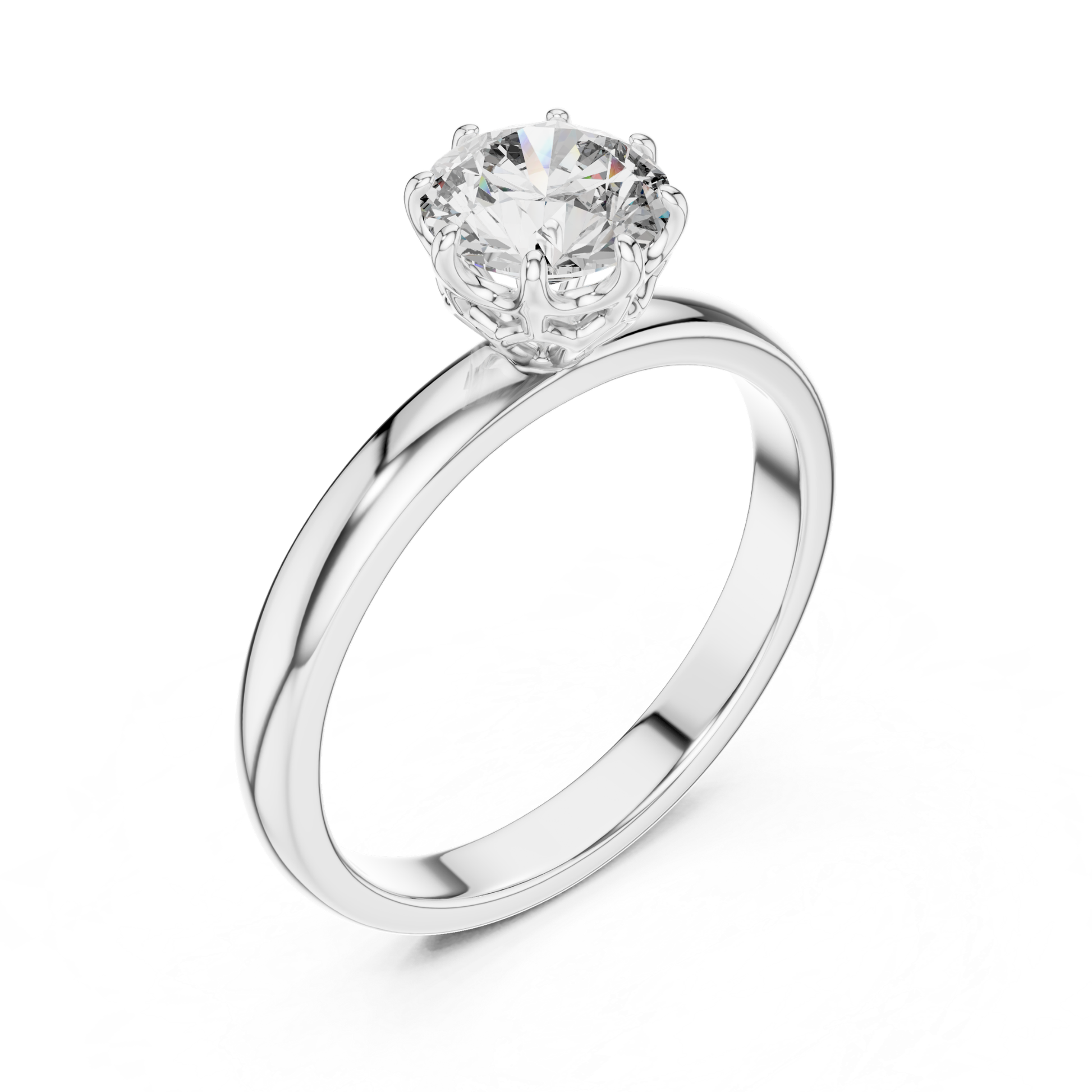 White gold round diamond ring from side angle
White gold eight prong solitaire ring profile
Angled white gold round cut diamond ring
White gold polished diamond ring perspective
Round brilliant diamond ring with eight prongs
White gold elegant solitaire ring side detail
White gold ornate eight prong diamond setting
White gold classic round diamond ring angle
Raised round diamond setting in white gold
White gold secure solitaire ring profile