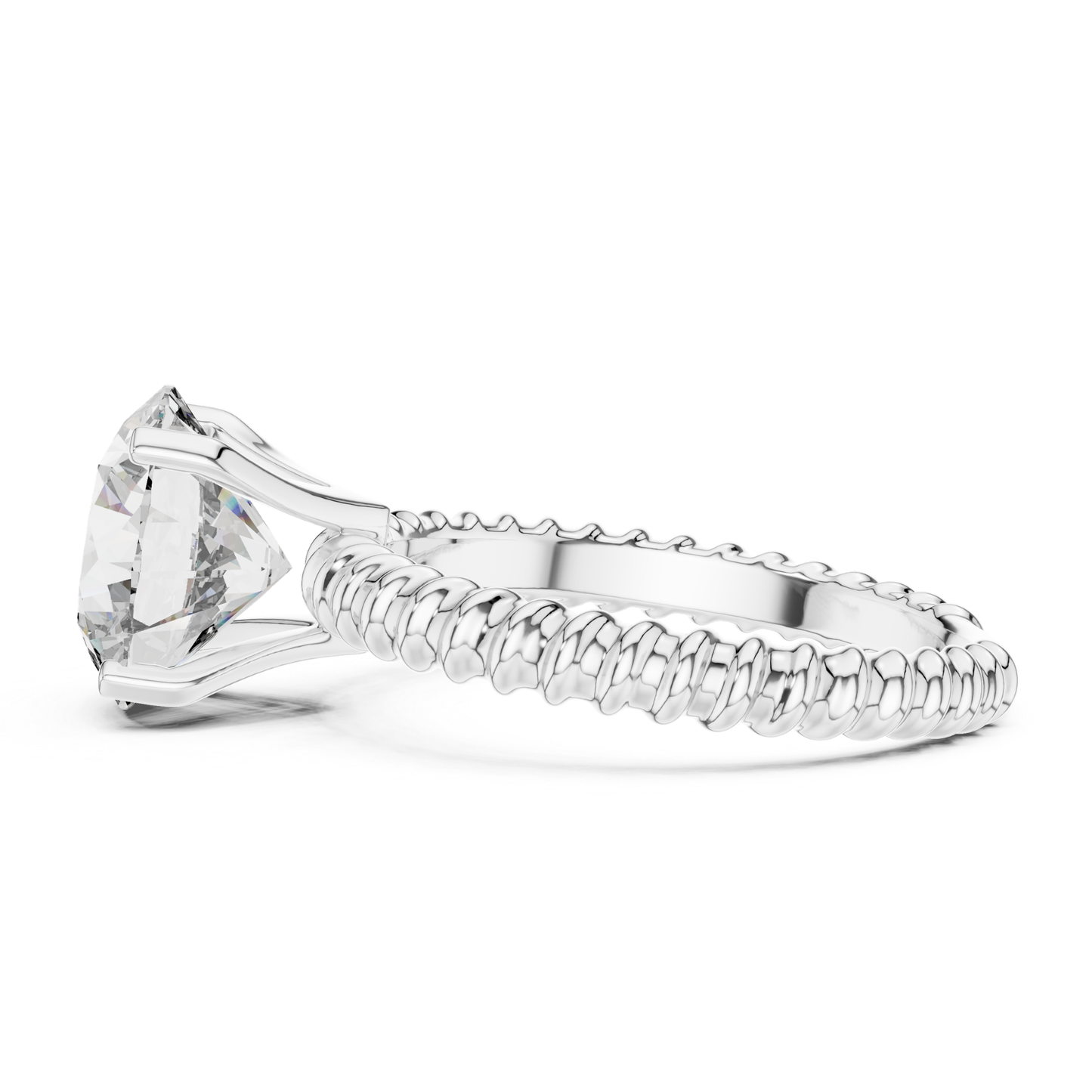 White gold round cut diamond rope band side view
Side profile of white gold solitaire diamond ring
White gold ring with open prong setting
Round diamond rope band engagement ring
Four prong white gold round diamond ring
Rope texture white gold solitaire ring profile
Raised round diamond white gold ring side
White gold round diamond ring side angle
Open gallery round diamond rope band ring
Polished white gold solitaire side profile