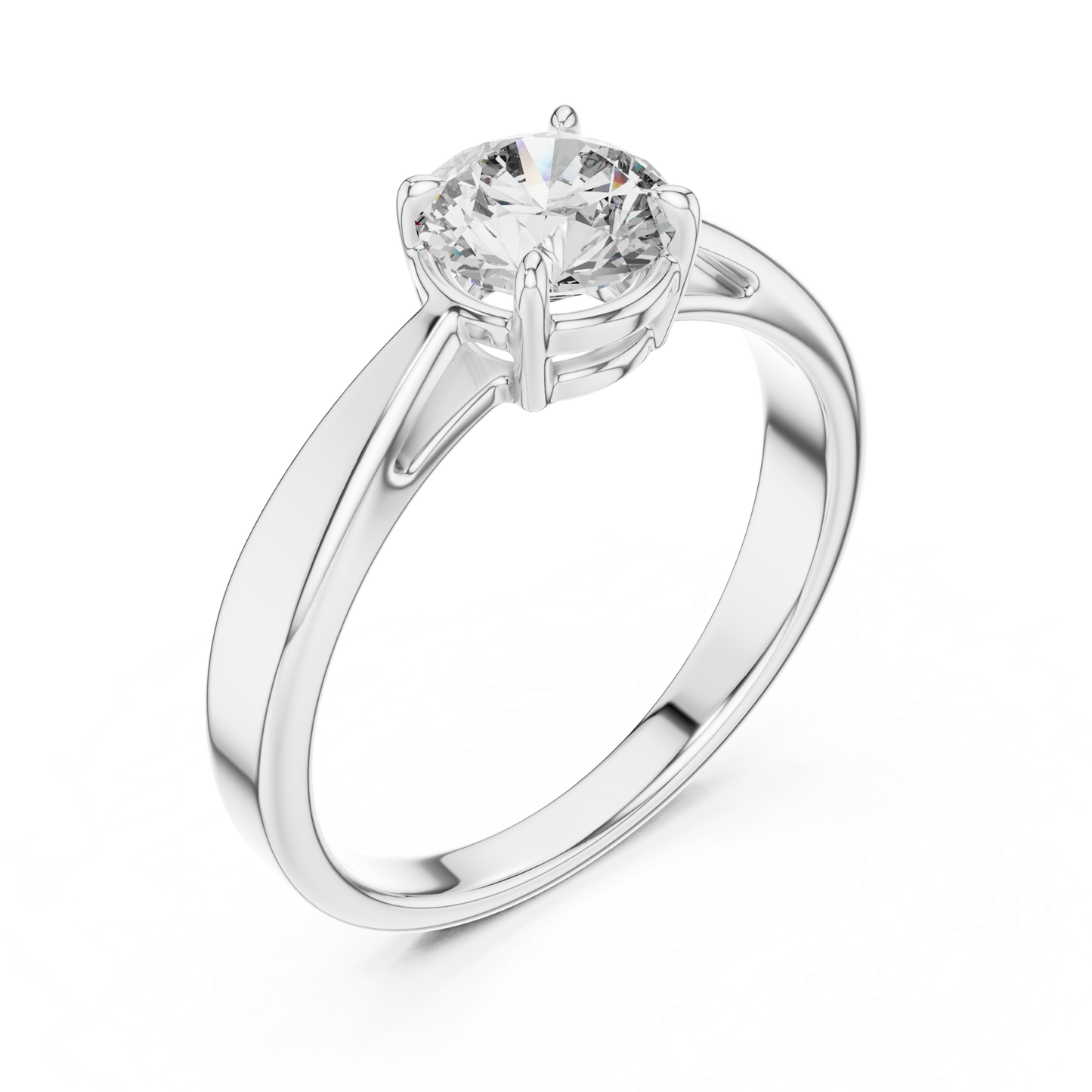 White gold round diamond ring from side angle
White gold tapered band solitaire ring profile
Angled white gold round cut diamond ring
White gold polished diamond ring perspective
Round brilliant diamond ring with tapered band
White gold elegant solitaire ring side detail
White gold four prong diamond ring angle
White gold classic tapered diamond ring design
Raised round diamond setting in white gold
White gold engagement ring with tapered shank
