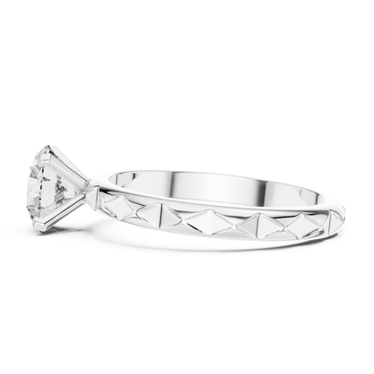 White gold round cut textured diamond ring side view
White gold engraved band round diamond ring side
Polished white gold textured round diamond ring
White gold four prong round diamond ring profile
White gold textured band solitaire diamond ring
Classic white gold round diamond engagement ring
Elegant white gold engraved diamond band ring
Minimal white gold textured diamond ring design
Fine white gold round solitaire diamond ring
White gold polished round textured band ring