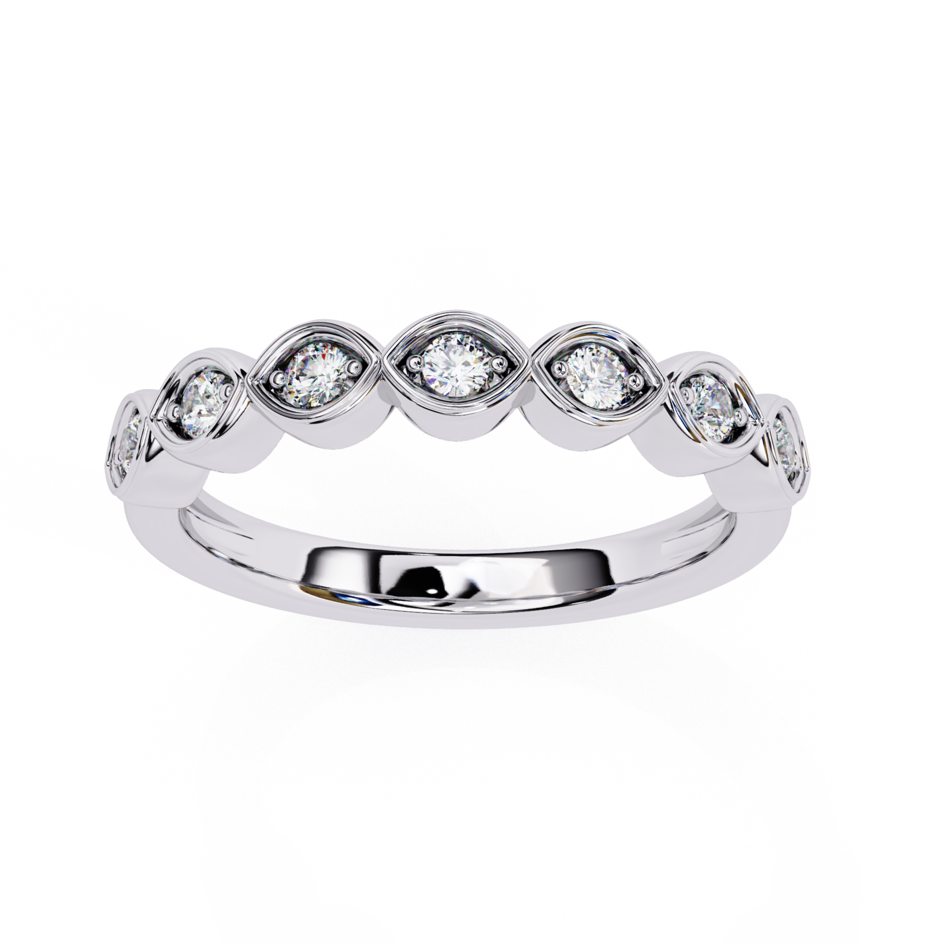 White gold band with round diamond bezels
Round diamond bezel style white gold ring
White gold ring showing round diamond settings
White gold band with circular diamond mounts
Front view white gold ring with bezel diamonds
White gold ring featuring round diamond holders
Close view round diamonds set in white gold
White gold ring with smooth bezel design
Round diamond bezel pattern white gold band
White gold ring with round diamond detailing