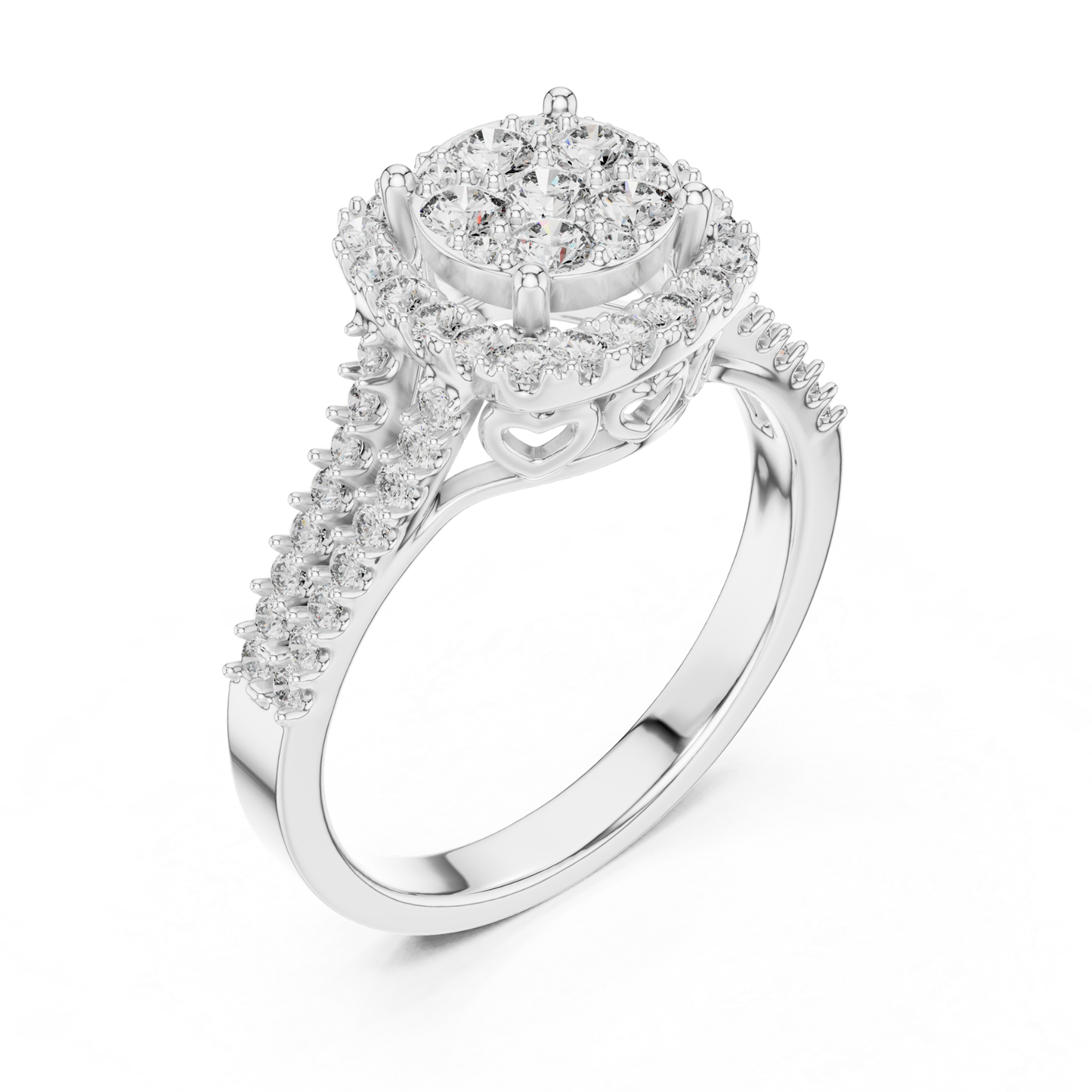 Angled view white gold round diamond cluster halo ring
White gold round diamond halo ring perspective view
Round diamond cluster ring in white gold angle view
White gold halo ring with round diamonds angled profile
Split shank white gold diamond halo ring view
White gold round diamond cluster ring close-up
Luxury white gold halo ring with pave diamonds
White gold ring with round diamond split shank
Elegant white gold cluster halo ring angle view
Premium white gold round diamond ring perspective