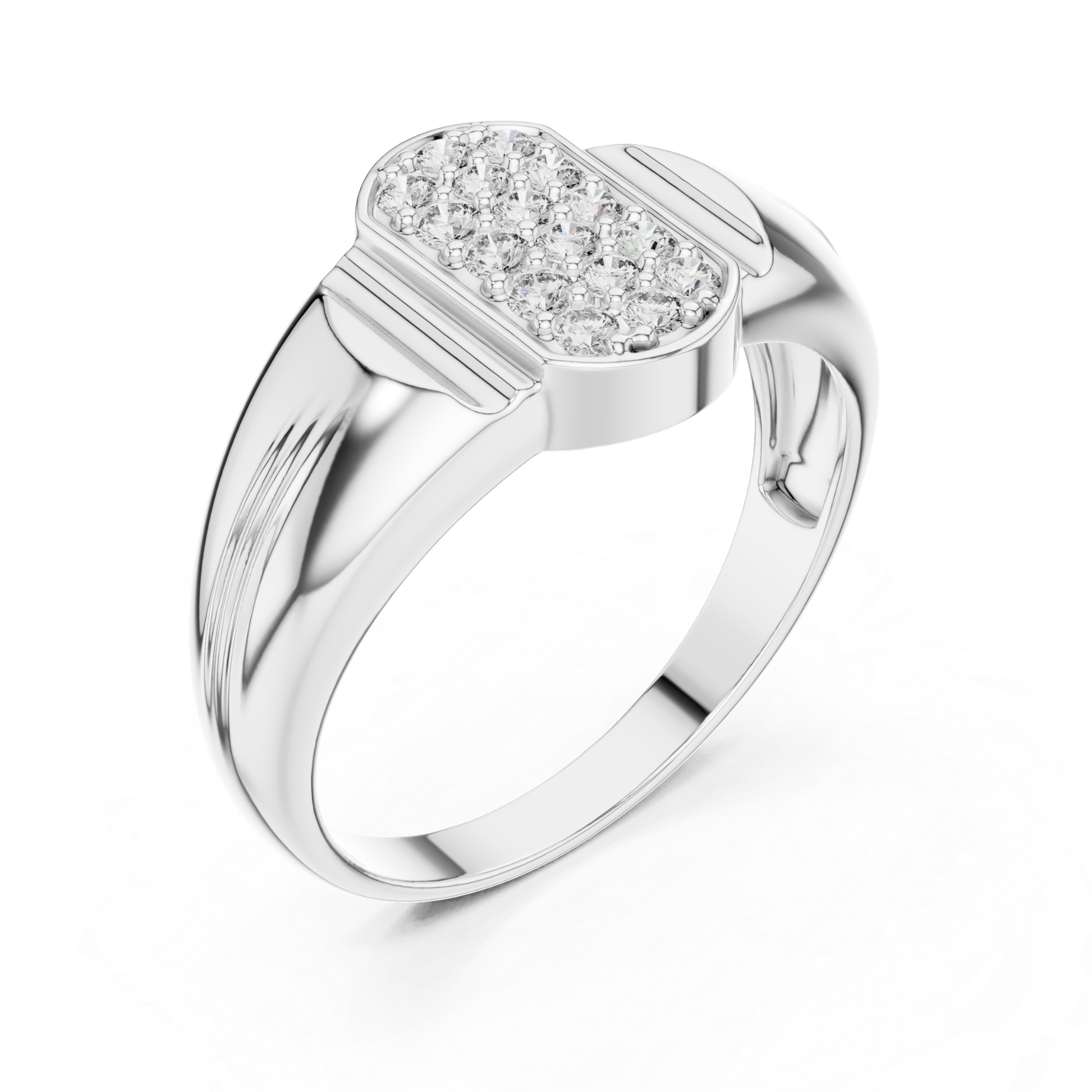 White gold diamond signet ring angled view
Angled view of round diamond cluster ring in white gold
White gold cluster ring with tapered band angled profile
Polished white gold ring with raised cluster top view
Round cut diamond ring with angled white gold band
White gold fashion ring with bold angled design
Elegant angled view of white gold cluster ring
Modern white gold signet ring with curved profile
Luxury white gold diamond ring with angled finish
White gold multi diamond ring with angled shank