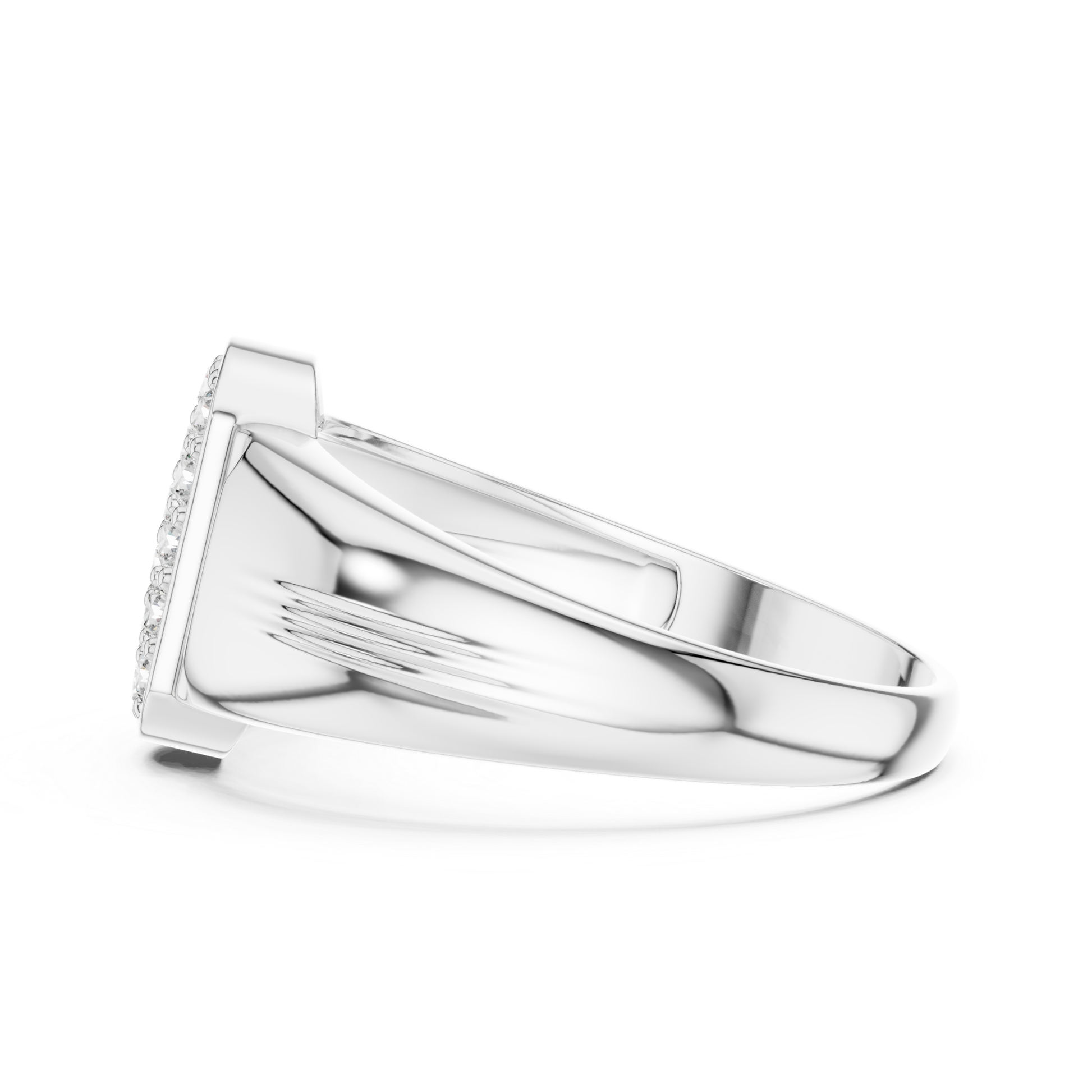 White gold cluster signet ring side profile
Side profile of diamond ring in white gold
White gold statement ring with smooth band side view
Polished white gold ring with sleek side profile
Round cut ring with polished white gold band
White gold ring with rectangular top side
Elegant side profile of white gold signet ring
Modern white gold ring with tapered band profile
Luxury white gold ring with polished detail
White gold diamond ring with bold tapered shank