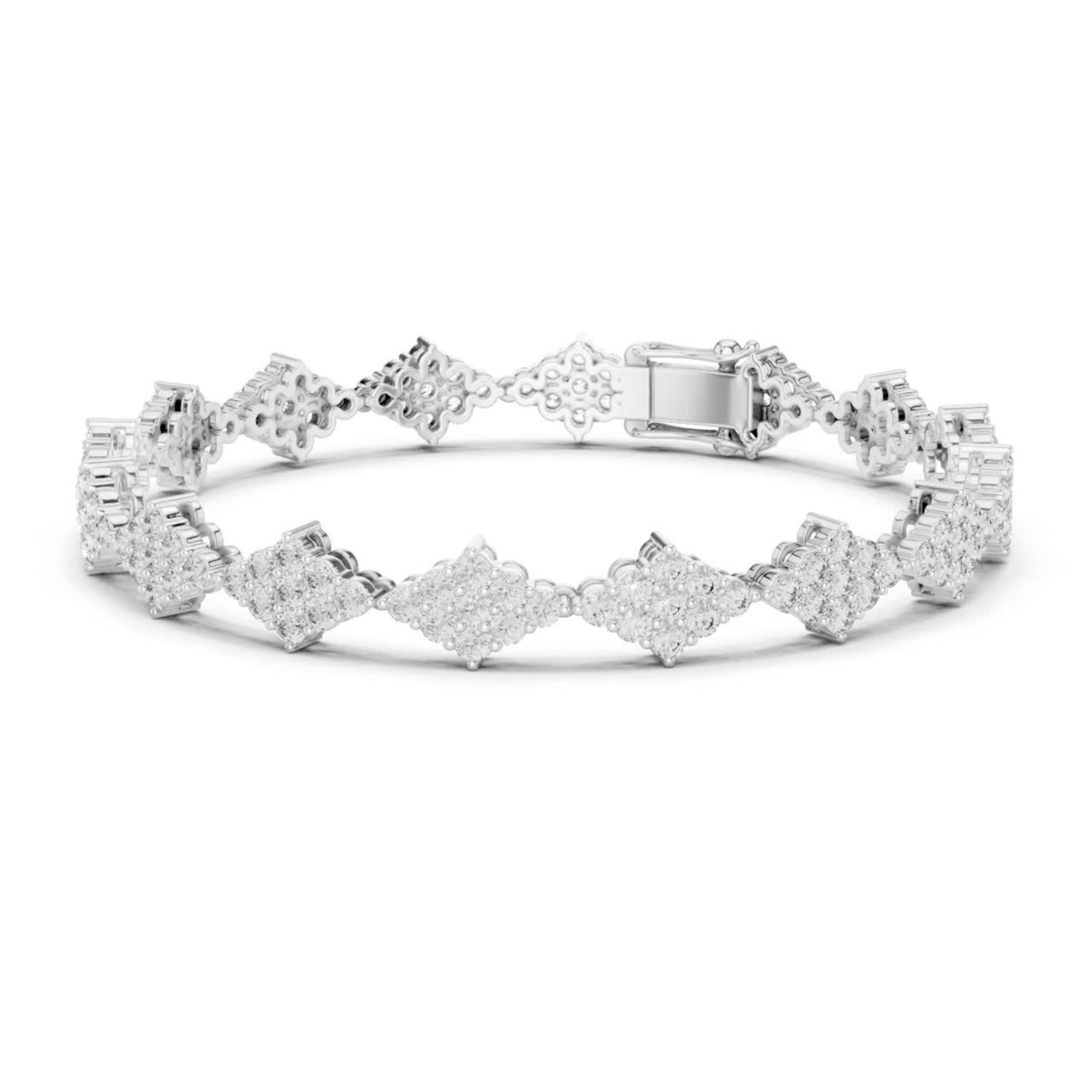 White gold round diamond cluster tennis bracelet side view
Side profile of white gold round diamond bracelet
Round diamond cluster bracelet with side detailing
White gold diamond link bracelet angled view
Round diamond floral cluster bracelet side angle
White gold tennis bracelet with cluster settings
Side view round diamond bracelet with secure clasp
Diamond cluster link bracelet in white gold setting
White gold bracelet featuring round diamond clusters
Angled view of round diamond cluster tennis bracelet