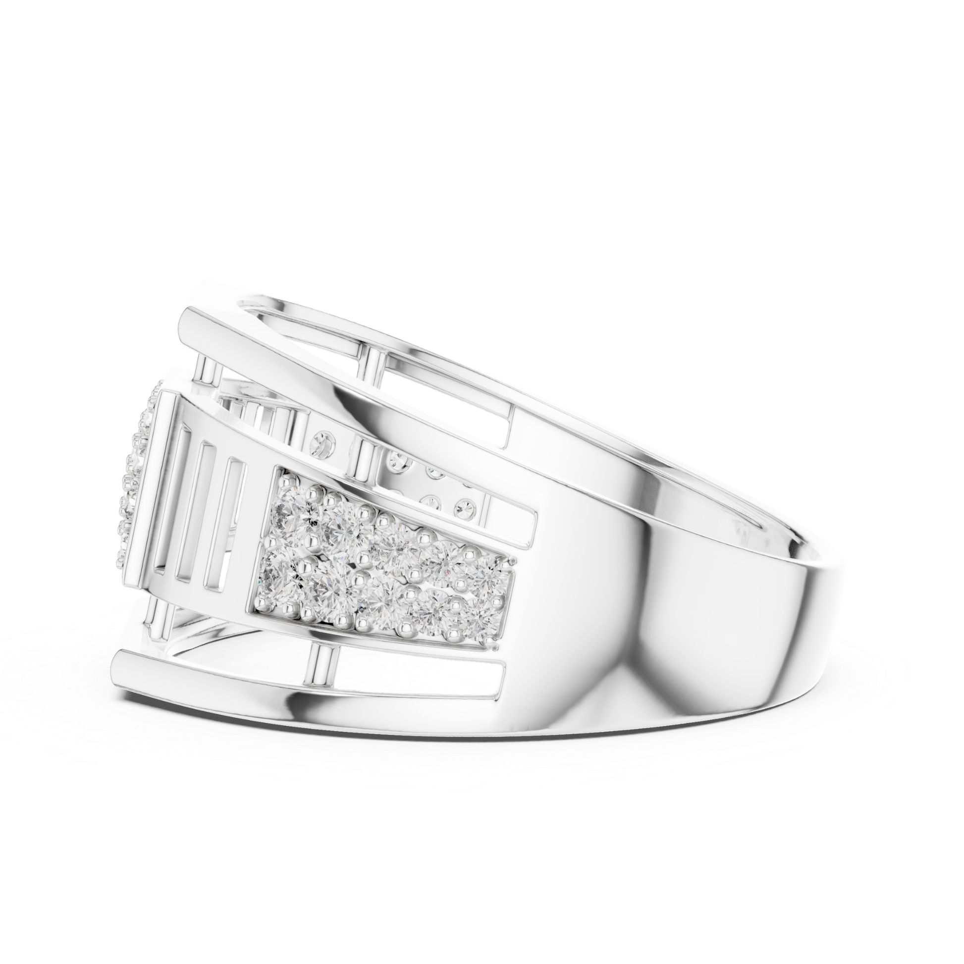 White gold contemporary band ring with round diamonds
Modern white gold geometric diamond fashion ring
Elegant white gold open frame diamond ring
White gold wide band ring with pave diamonds
Luxury white gold statement ring for women
Stylish white gold designer diamond band
Fine jewelry white gold round diamond ring
Unique white gold modern diamond ring closeup
Handmade white gold geometric diamond ring
White gold sparkling diamond band ring design