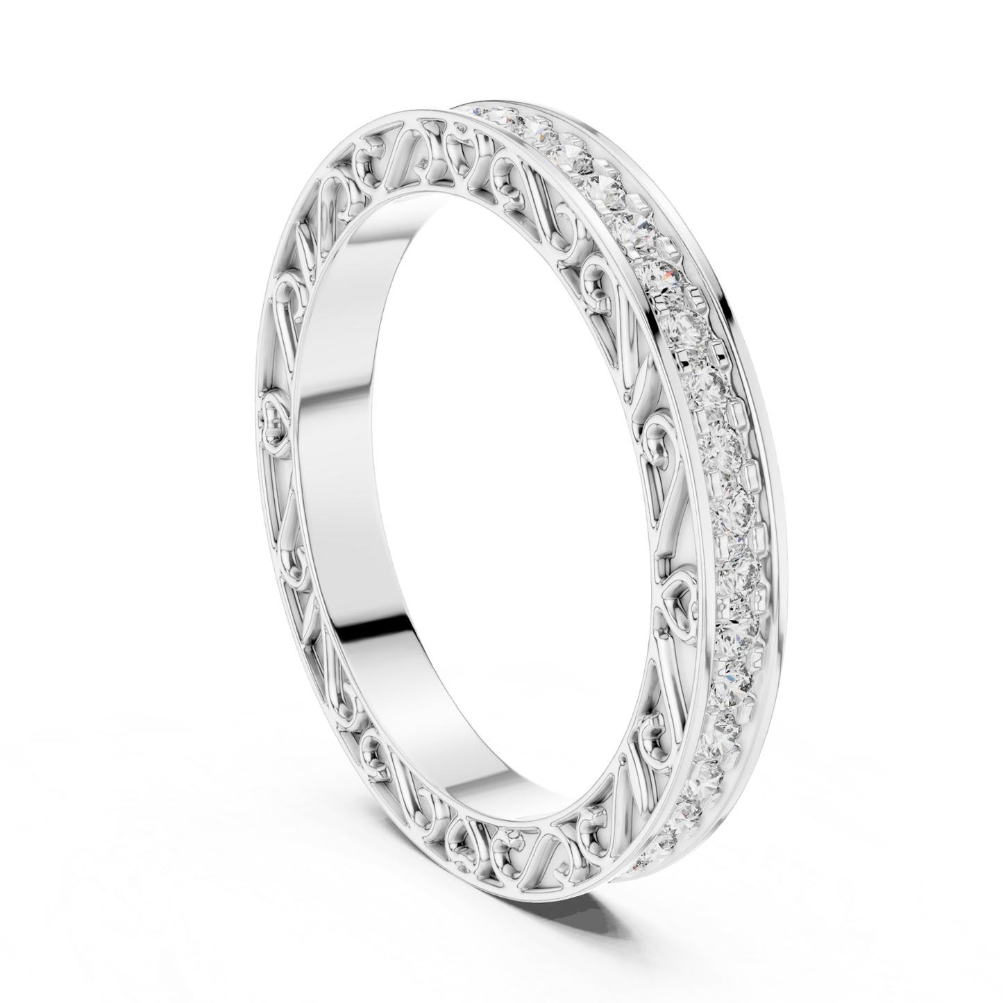 White gold round diamond decorative gallery band
White gold eternity ring with round diamonds
White gold diamond band vertical profile
Open gallery diamond wedding band in white gold
White gold anniversary band with diamonds
Decorative eternity ring with round diamonds
Fine white gold diamond band ring
White gold round diamond eternity band
Elegant white gold wedding ring with diamonds
White gold diamond band side view