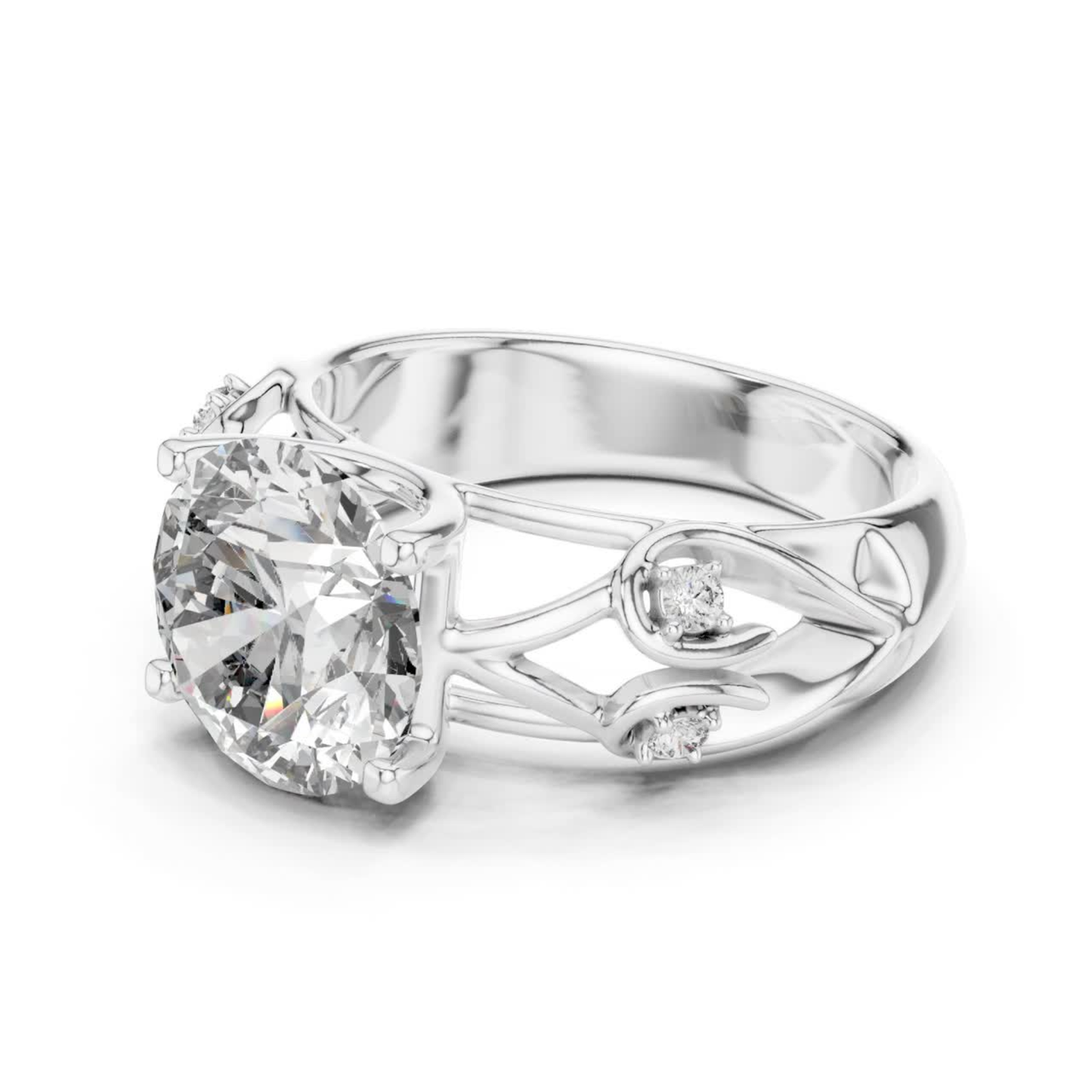 White gold round diamond floral ring side view
Side view of white gold round diamond ring
White gold floral round diamond engagement ring
Round diamond ring with floral split shank design
White gold nature inspired diamond ring
Round solitaire diamond ring with floral accents
White gold leaf design round diamond ring
Side profile of white gold diamond ring
White gold round diamond ring with open band
Floral white gold ring with round lab grown diamond