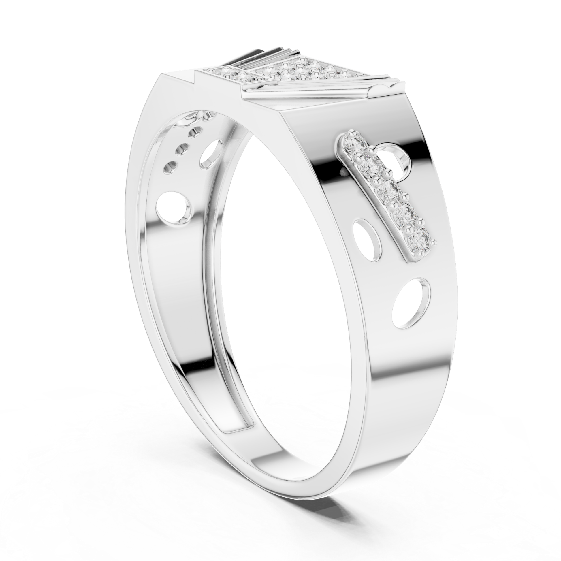 Rear angle geometric diamond white gold band ring
White gold ring with diamond accent row
Diamond white gold band featuring circular cutouts
Wide white gold ring with geometric details
Contemporary white gold band with diamond accents
Polished white gold ring showcasing open elements
Modern white gold band with structured design
Architectural white gold ring with diamond setting
White gold statement band with geometric pattern
Bold white gold ring with diamond accent bar