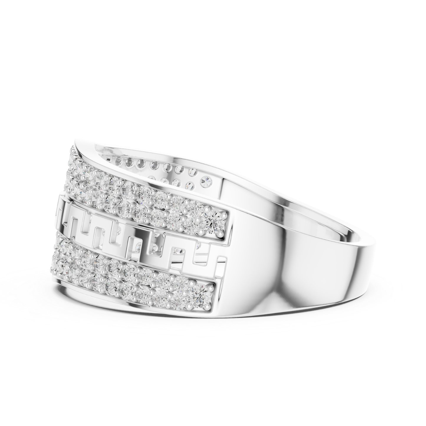 White gold round diamond Greek key ring side view
Side profile white gold pave diamond band ring
White gold geometric pattern diamond ring
Modern white gold wide diamond fashion band
White gold structured Greek key design ring
Contemporary white gold round diamond band
White gold luxury pave diamond ring side angle
Elegant white gold patterned wide band ring
White gold round diamond statement ring profile
White gold geometric diamond band side view
