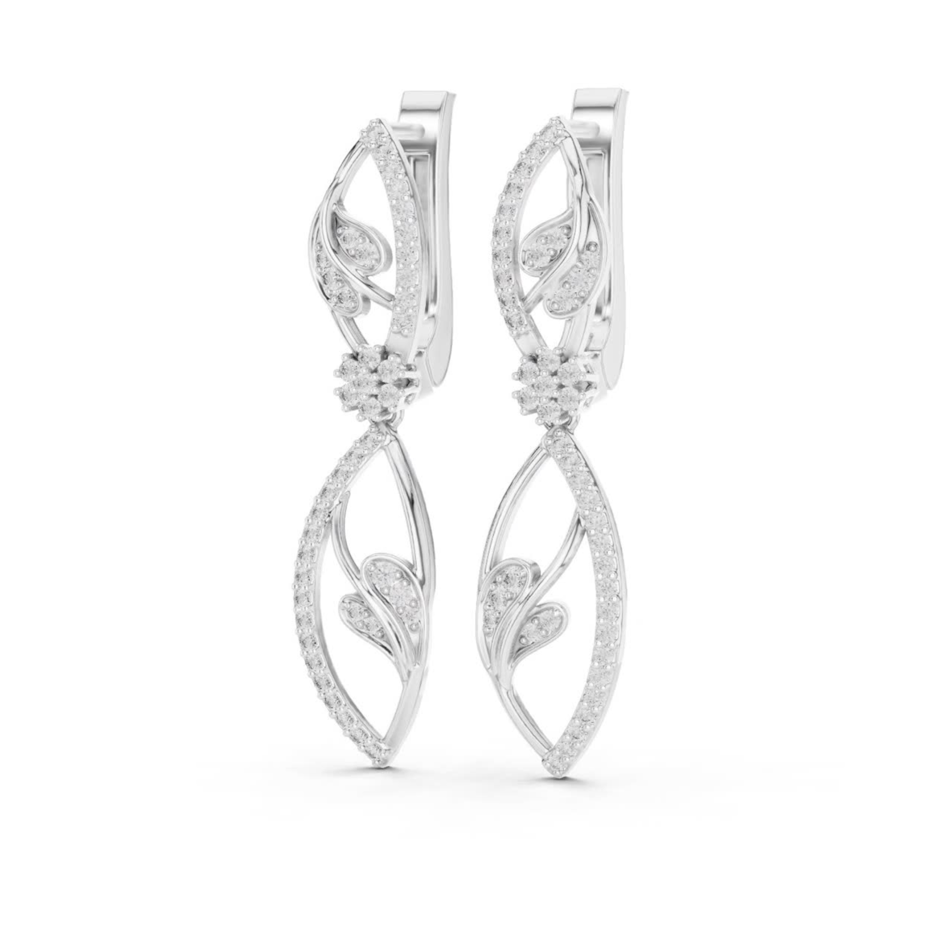 Side profile white gold round diamond leaf earrings
White gold round diamond drop earrings angle view
Side view floral diamond dangle earrings in white gold
White gold open leaf diamond earrings side profile
Round diamond drop earrings with leaf pattern
White gold designer diamond earrings side angle
Floral motif round diamond earrings in white gold
White gold dangling diamond earrings side view
Leaf inspired round diamond drop earrings
White gold round diamond earrings profile view