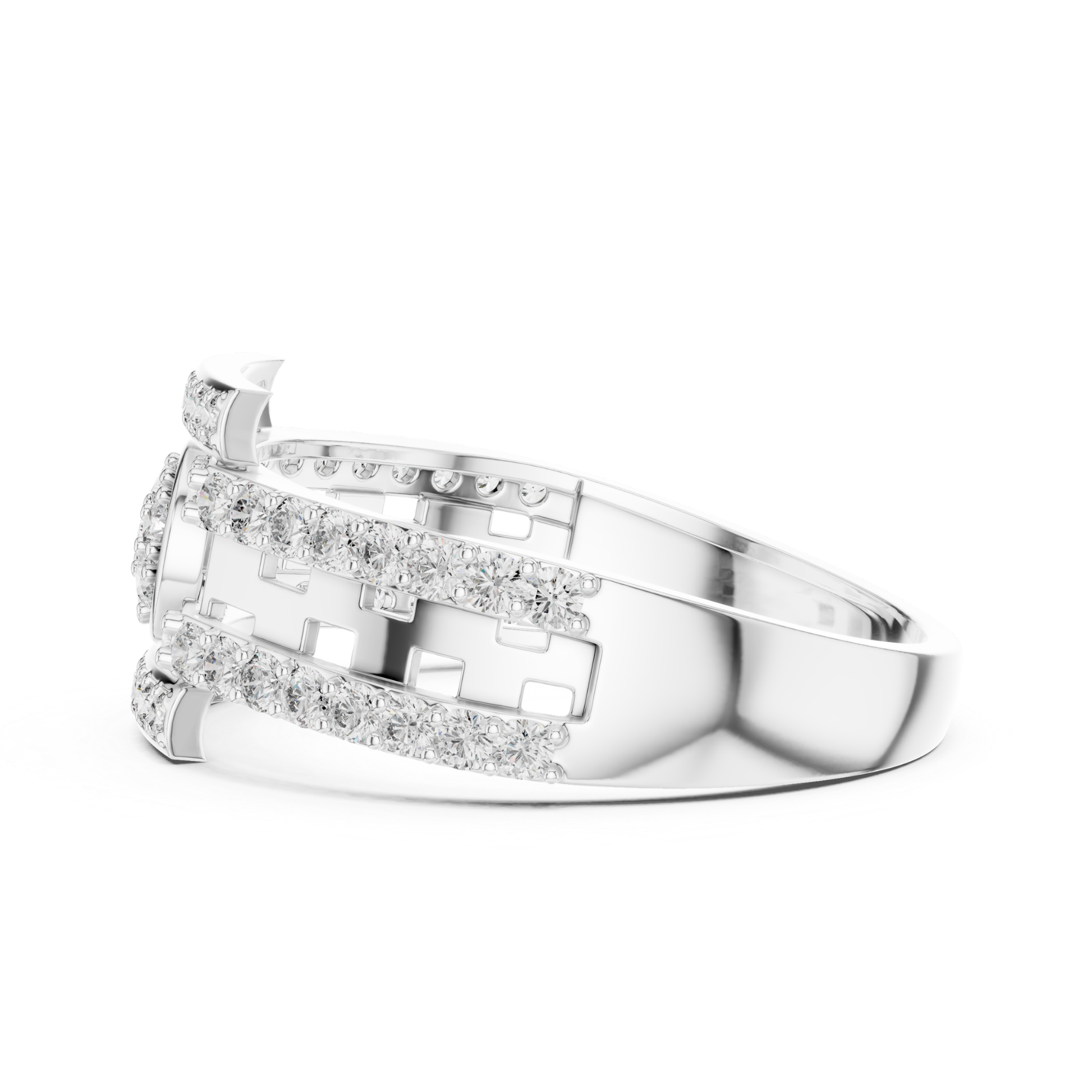 Side view white gold round diamond openwork ring
White gold circular diamond centerpiece ring profile
Round diamond white gold designer band side view
Modern white gold geometric diamond ring angle
White gold open gallery diamond ring profile
Luxury white gold round diamond fashion ring
Contemporary white gold diamond accent band view
White gold structured ring with round diamonds
Designer white gold openwork ring side profile
White gold architectural diamond band side angle