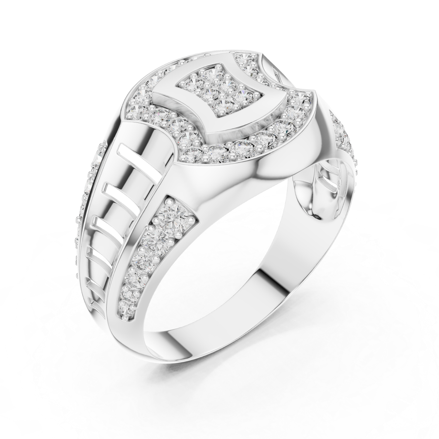 White gold round diamond ring with pavé detailing
Luxury white gold diamond cocktail ring with bold design
Round diamond white gold fashion ring for men
White gold geometric diamond ring with modern styling
Bold white gold pavé diamond ring design
White gold wide diamond ring with round brilliant stones
Designer white gold diamond ring with luxury finish
Modern white gold round diamond cocktail band ring
White gold chunky diamond ring with geometric top
Pavé round diamond white gold fashion ring