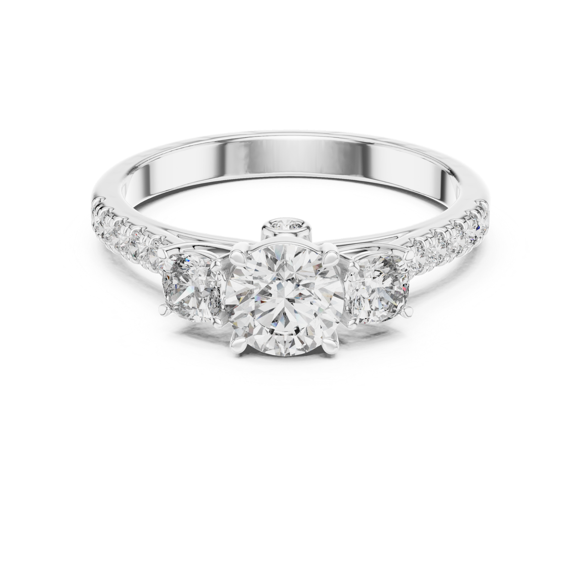 White gold round three stone diamond ring front view
White gold ring with round center diamond
Three stone diamond ring in white gold
Round brilliant diamond ring with side stones
White gold diamond ring with pavé band
Classic round three stone diamond ring
White gold engagement ring with round diamonds
Polished white gold three stone ring
Round diamond ring with slim white gold band
Front view white gold diamond ring