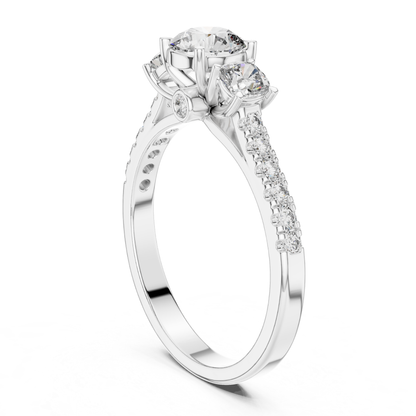 White gold round three stone diamond ring rear perspective
Rear perspective white gold diamond ring design
White gold three stone diamond ring back angle
Round diamond white gold ring rear profile view
White gold diamond ring with pavé band detail
Rear angle white gold engagement ring setting
White gold polished band with side diamonds
Three stone white gold diamond ring rear view
White gold ring with open gallery design
Round diamond white gold ring back perspective