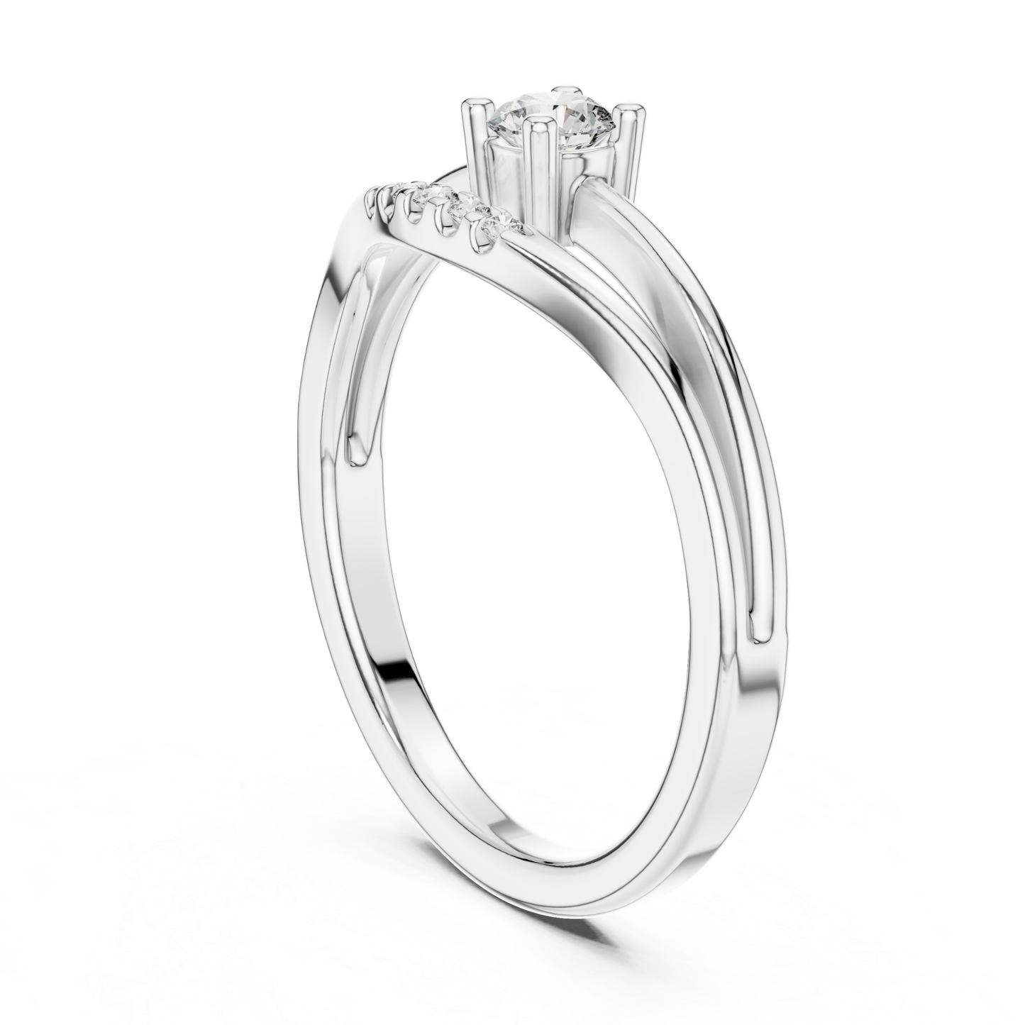 White gold solitaire diamond wrap ring
Side view of white gold wrap ring
Minimal white gold solitaire engagement ring
White gold crossover diamond ring profile
Modern wrap style diamond ring
Round diamond ring with curved white band
White gold open wrap engagement ring
Elegant solitaire wrap ring side angle
White gold ring with accent diamonds
Minimal curved band diamond ring in white gold