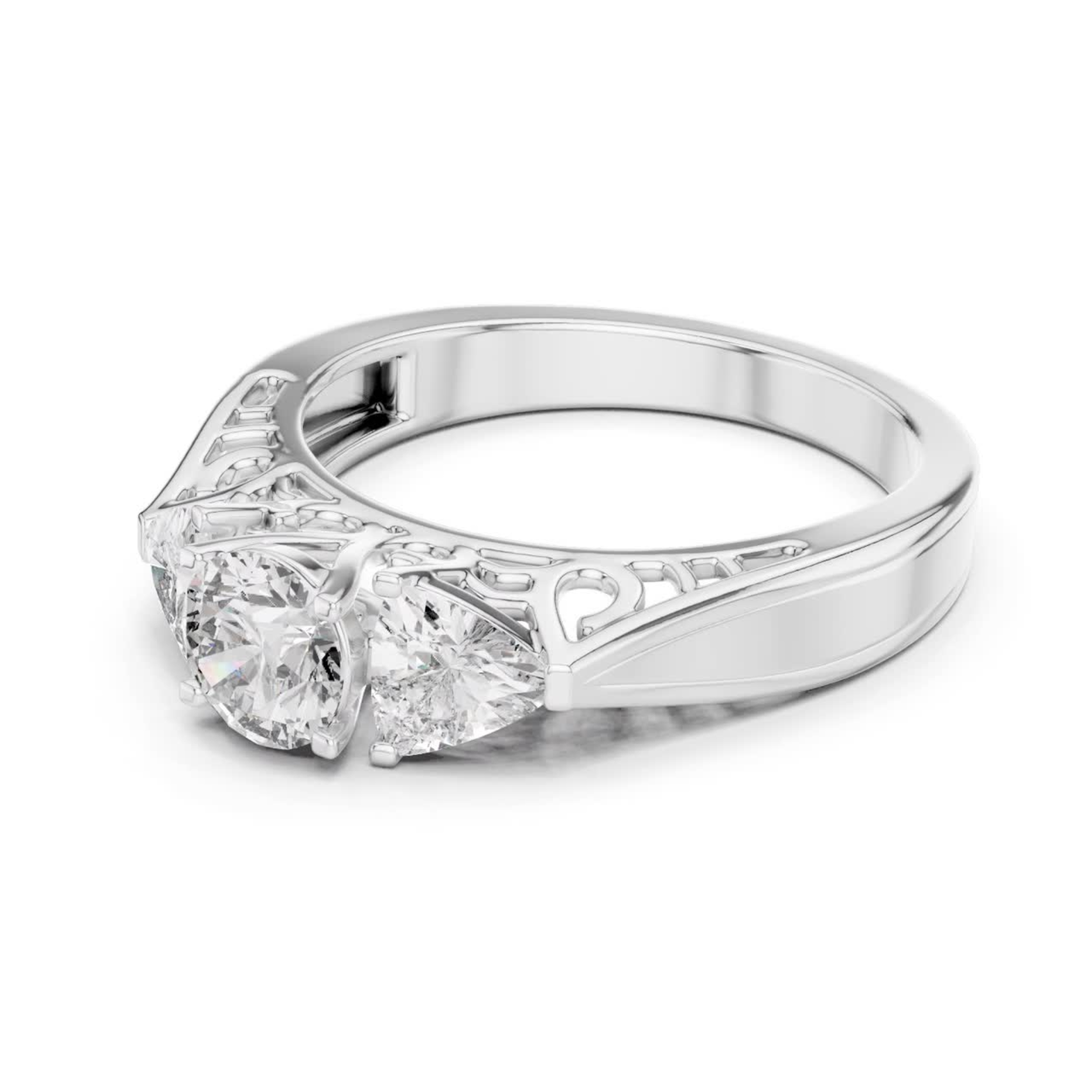 White gold three stone diamond ring with filigree band
Round and trillion diamond three stone white gold ring
Three stone diamond ring with open gallery design
White gold ring with round center diamond
Filigree gallery three stone diamond engagement ring
White gold ring featuring round and trillion cut diamonds
Elegant three stone diamond ring in white gold
Classic white gold diamond ring with detailed gallery
Three diamond white gold ring with polished band
White gold engagement ring with three diamond set
