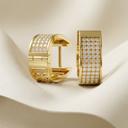 Yellow gold hoop earrings featuring multiple rows of brilliant pavé-set diamonds.
Elegant yellow gold diamond hoop earrings with a wide contemporary design.
Luxury pavé diamond hoop earrings crafted in polished yellow gold.
Fine jewelry yellow gold hoops adorned with sparkling round diamonds.
Contemporary yellow gold diamond hoop earrings with a sleek polished finish.
Premium yellow gold hoop earrings showcasing dazzling pavé diamond detailing.
Designer yellow gold diamond hoop earrings combining timeless e