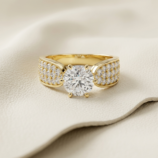 Wide pavé solitaire diamond ring in yellow gold.
Yellow gold wide diamond ring.
Round solitaire ring with pavé shoulders.
Wide band diamond engagement ring.
Pavé wide band solitaire ring.
Elegant wide diamond ring.
Gold round solitaire ring.
Luxury pavé diamond band ring.
Modern wide solitaire ring.
Round diamond ring with wide pavé band.