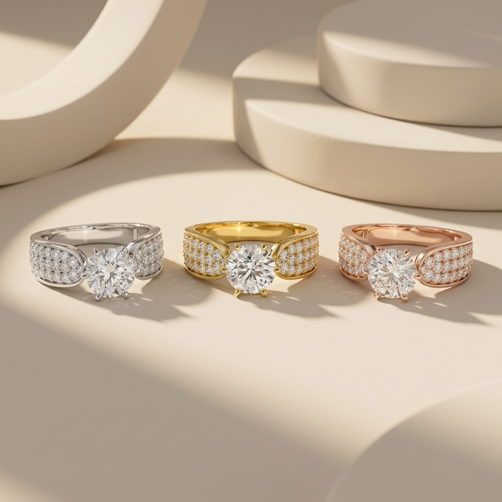 Wide pavé solitaire rings in three gold tones.
Wide pavé diamond rings in white, yellow, and rose gold.
Wide band solitaire ring collection.
Triple gold pavé solitaire rings.
Wide engagement rings in three finishes.
Pavé shoulder diamond ring collection.
Elegant wide diamond rings.
Luxury wide band solitaire rings.
Wide pavé rings in three gold colors.
Round solitaire rings with wide pavé bands.
