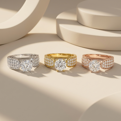 Wide pavé solitaire rings in three gold tones.
Wide pavé diamond rings in white, yellow, and rose gold.
Wide band solitaire ring collection.
Triple gold pavé solitaire rings.
Wide engagement rings in three finishes.
Pavé shoulder diamond ring collection.
Elegant wide diamond rings.
Luxury wide band solitaire rings.
Wide pavé rings in three gold colors.
Round solitaire rings with wide pavé bands.