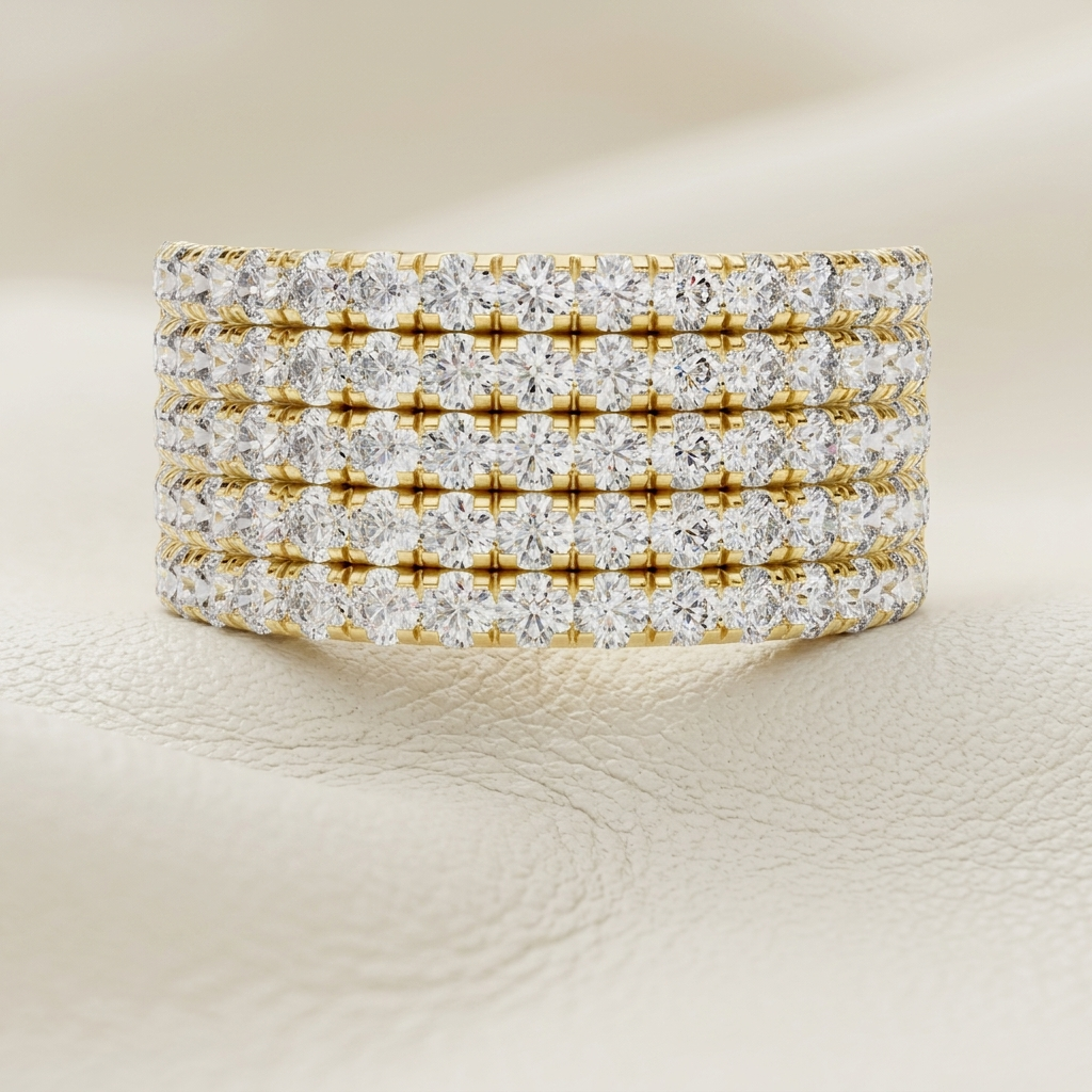 Wide yellow gold multi row diamond band ring
Luxury five row round diamond band ring
Close up of yellow gold pavé diamond ring
Elegant wide diamond wedding band
Premium yellow gold diamond statement ring
Sparkling multi row diamond ring
Fine jewelry wide diamond band
Modern yellow gold diamond ring close up
High polish gold ring with round diamonds
Luxury pavé diamond band for women