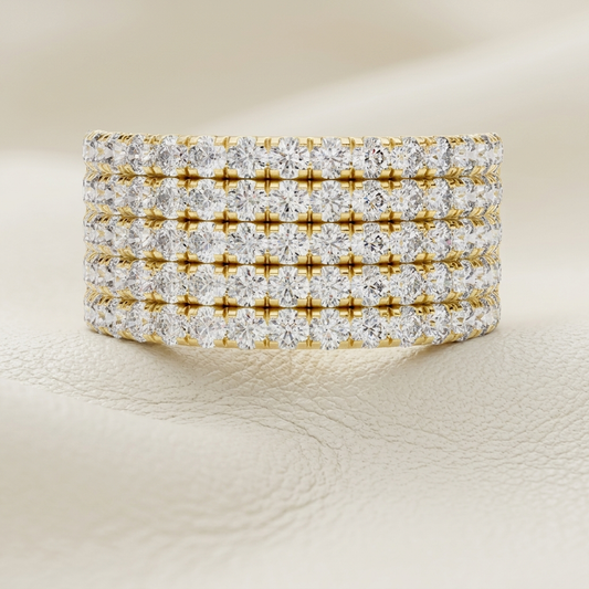 Wide yellow gold multi row diamond band ring
Luxury five row round diamond band ring
Close up of yellow gold pavé diamond ring
Elegant wide diamond wedding band
Premium yellow gold diamond statement ring
Sparkling multi row diamond ring
Fine jewelry wide diamond band
Modern yellow gold diamond ring close up
High polish gold ring with round diamonds
Luxury pavé diamond band for women