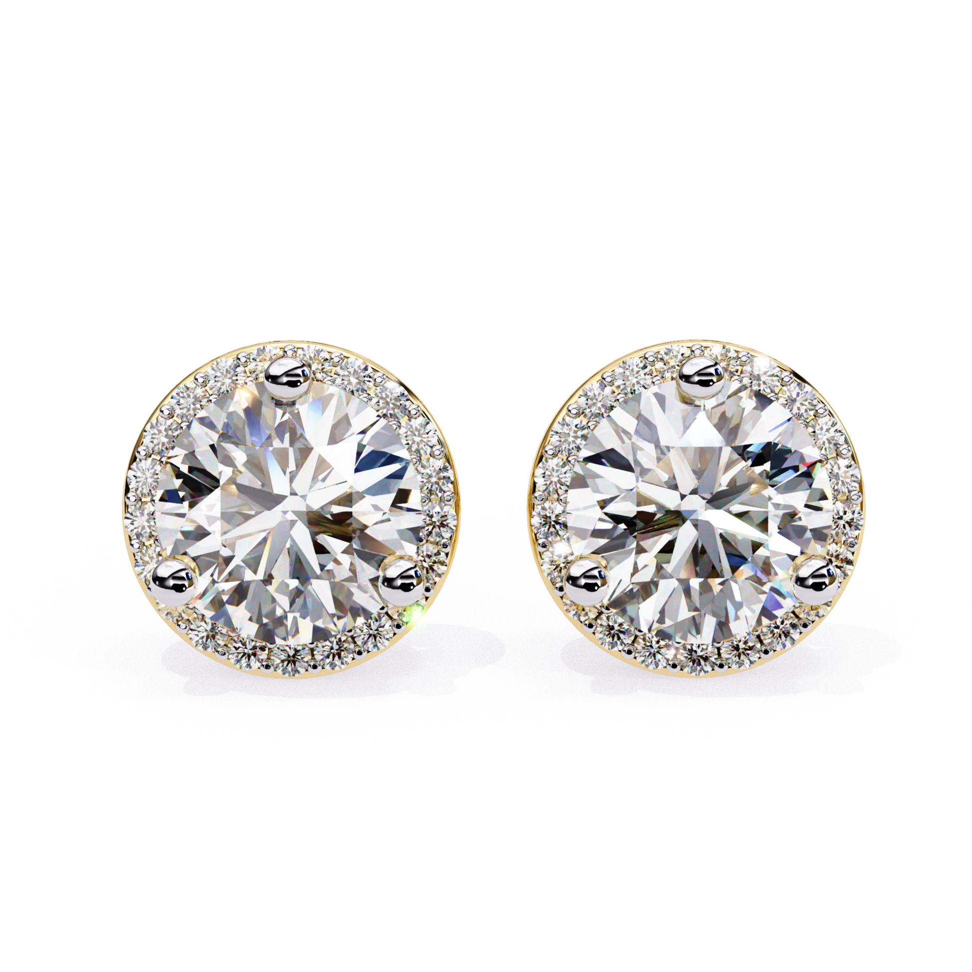 Yellow gold round diamond stud earrings with halo setting