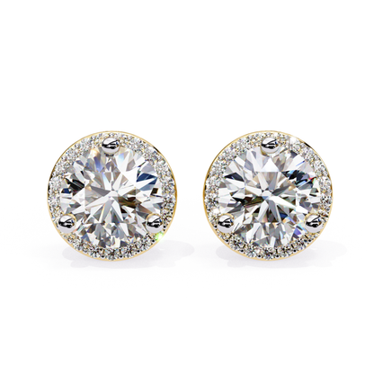 Yellow gold round diamond stud earrings with halo setting